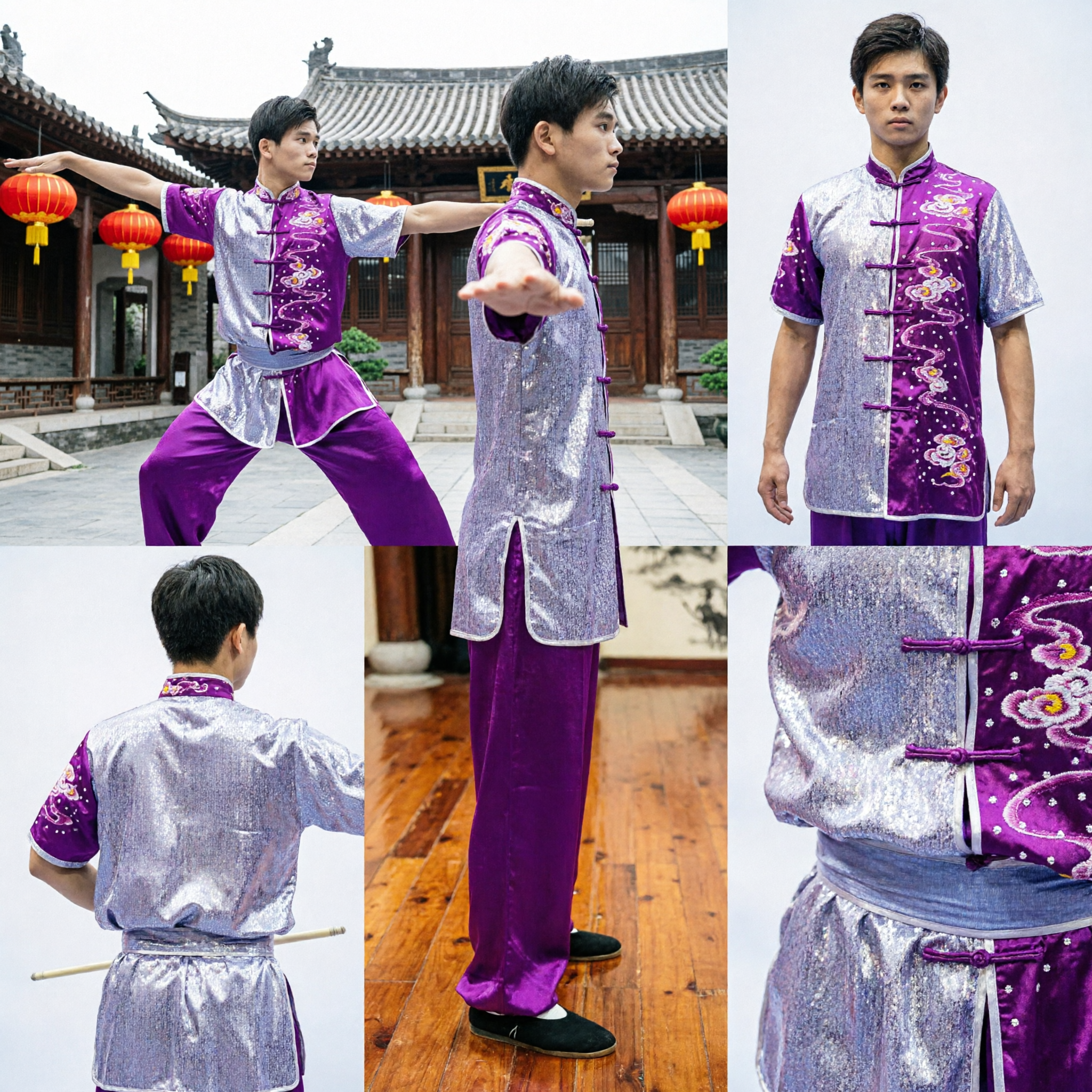 Uniforme Masculino Profissional de Wushu Roxo e Prata com Lantejoulas, Traje Tradicional de Kung Fu para Competição de Artes Marciais - Asian Costume