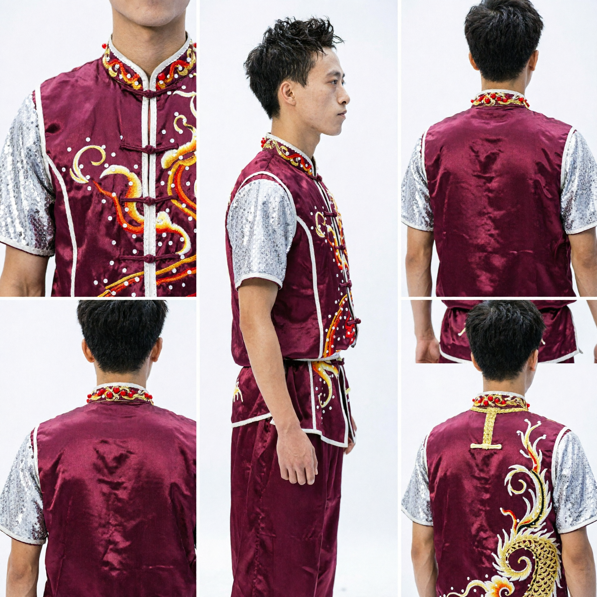 Herren-kastanienbraune drachenbestickte Wushu-Uniform Kurzarm-Kung-Fu-Wettkampfanzug mit Pailletten für Aufführung - Asian Costume