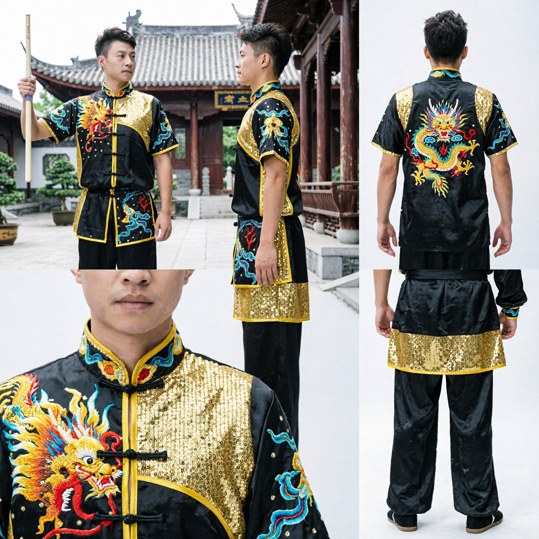 Męski czarny uniform Kung Fu z haftem smoka złoty cekinowy strój konkursowy Wushu tradycyjna odzież sztuk walki - Asian Costume