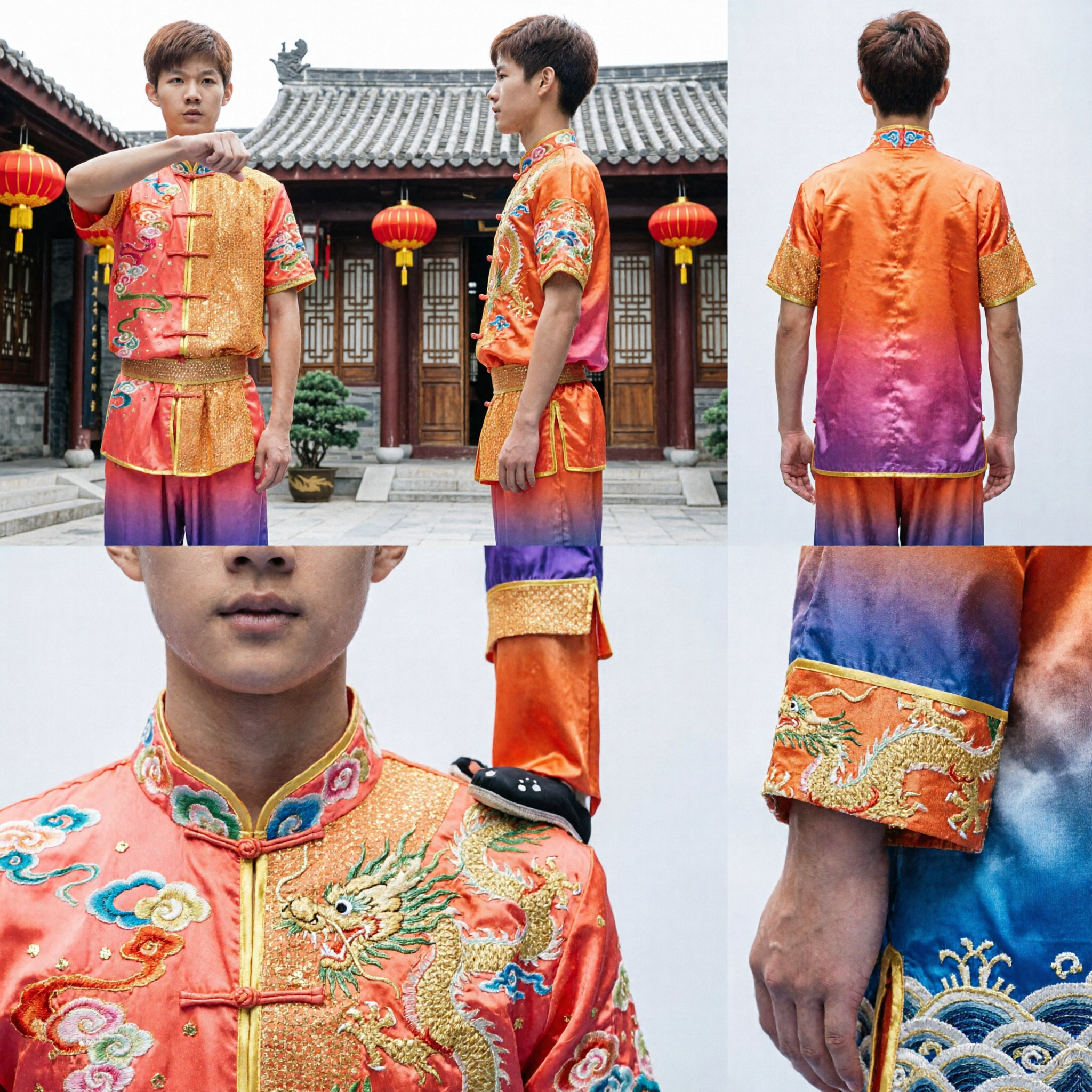 Uniforme Tradicional Chino de Wushu para Hombres Naranja con Bordado de Dragón, Traje de Kung Fu para Competencia y Presentación de Changquan - Asian Costume