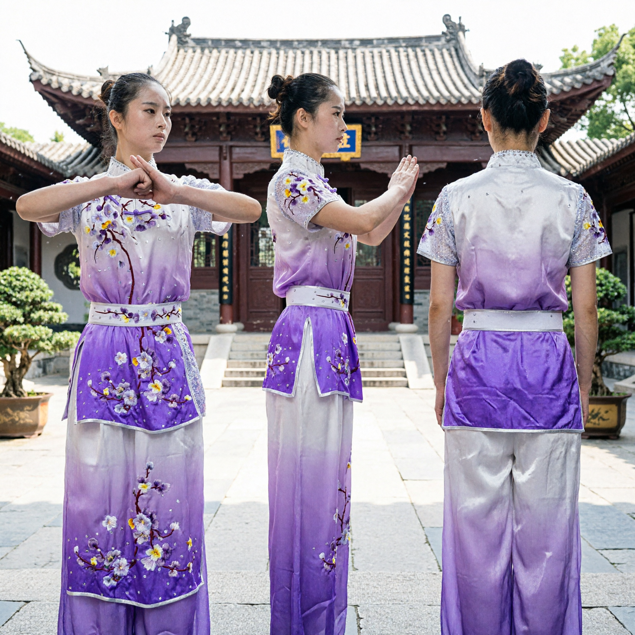 Women's Purple Gradient Tai Chi Uniform with Floral Embroidery Wushu Kung Fu Competition Costume - Asian Costume