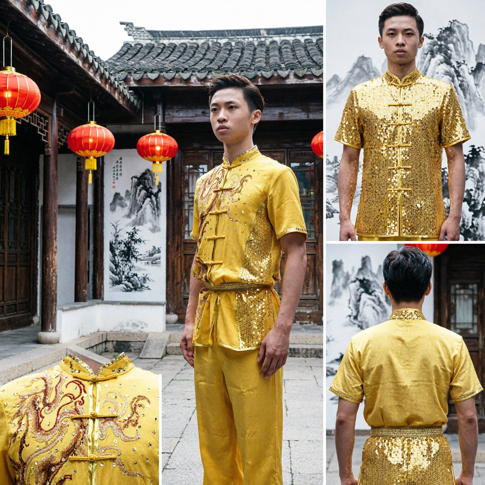 Completo da Kung Fu maschile giallo Tang Suit cinese, costume per esibizioni di arti marziali con ricamo del drago e paillettes - Asian Costume