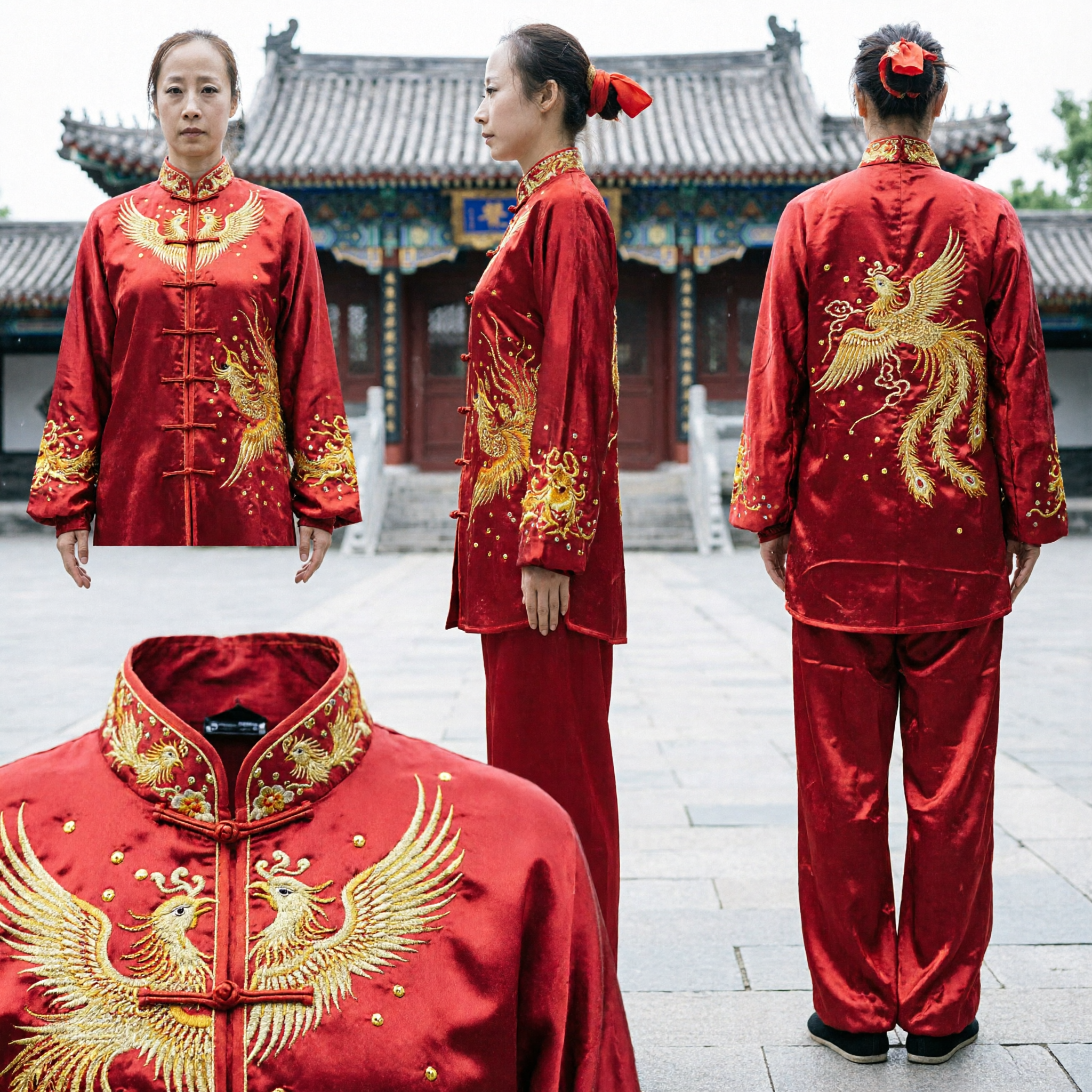 Uniforme de Tai Chi para Mujeres en Seda Roja, Traje Tradicional Chino de Kung Fu con Bordado Dorado de Fénix, Traje para Presentación de Artes Marciales - Asian Costume