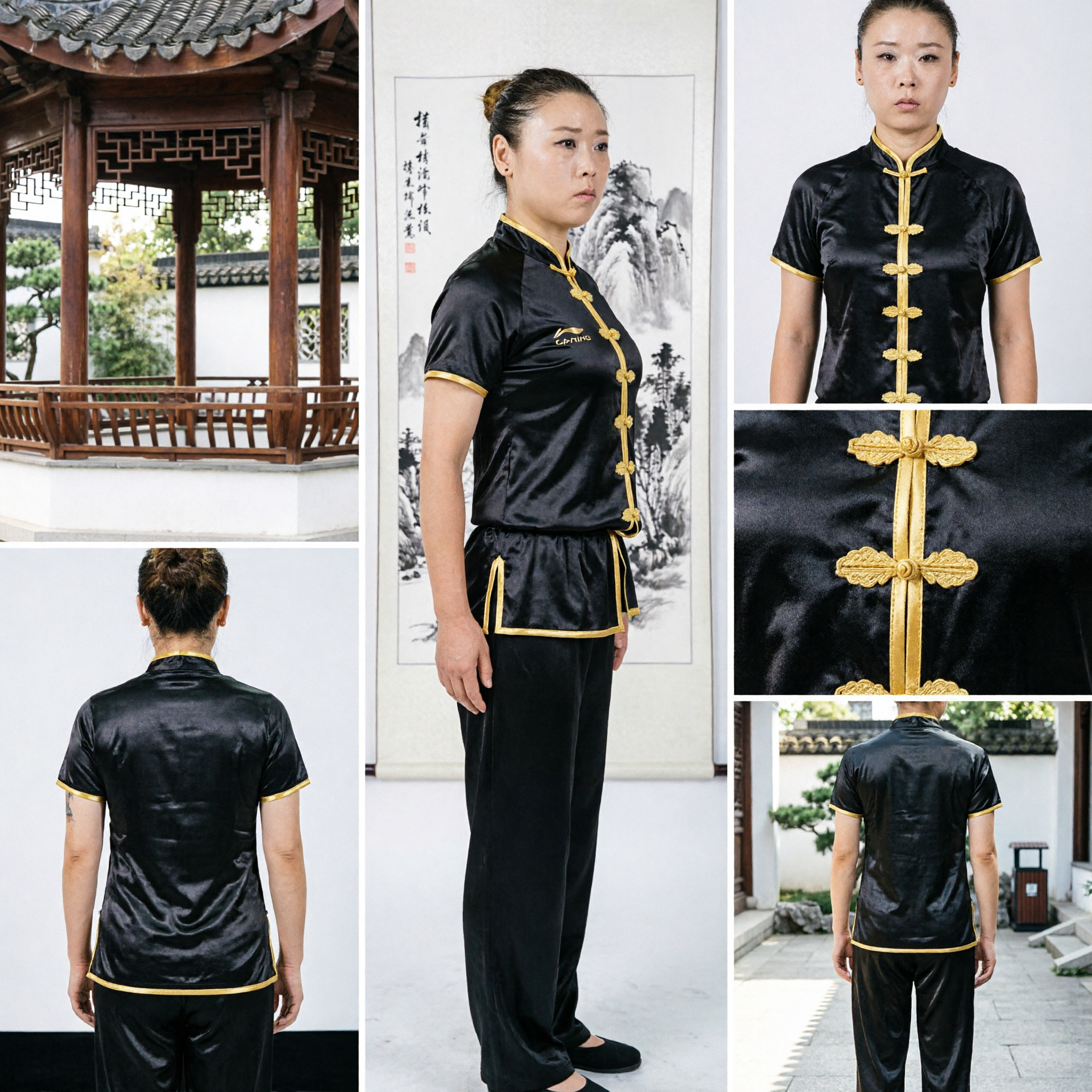 Uniforme de Kung Fu para Mujeres de Manga Corta Negro, Traje Tradicional Chino de Wushu Tai Chi para Competencia de Artes Marciales - Asian Costume