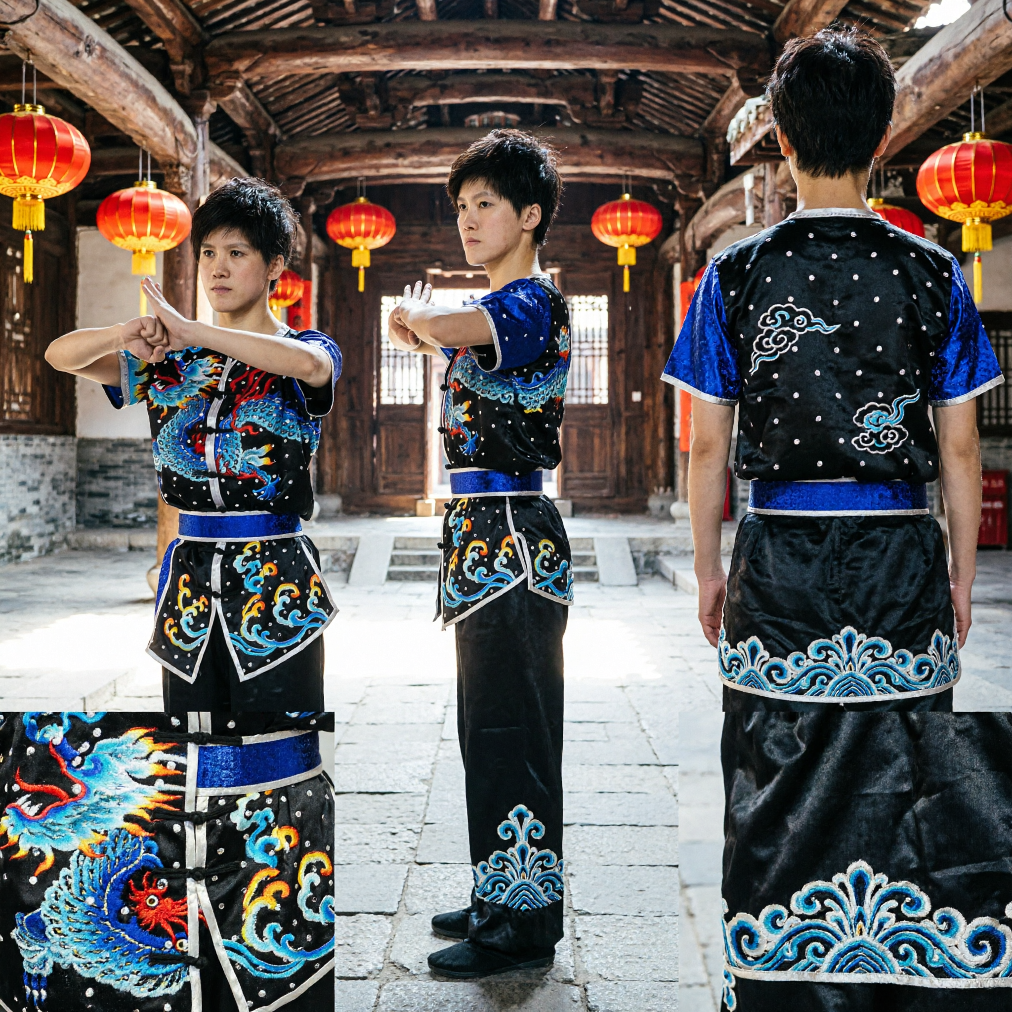 Uniforme Wushu Kung Fu Drago Nero Professionale con Ricamo a Paillettes Costume da Esibizione di Arti Marziali per Bambini e Adulti - Asian Costume
