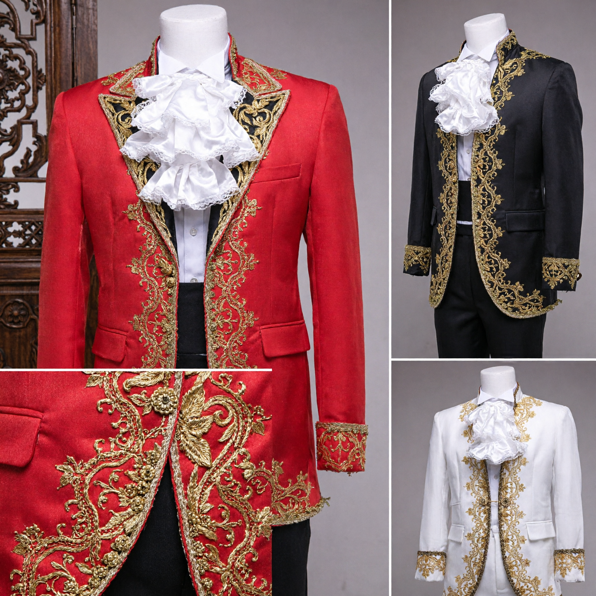Costume de mariée pour homme Baroque à broderie dorée Rouge Noir Blanc pour marié, bal de promo et scène avec chemise à fraise - Asian Costume