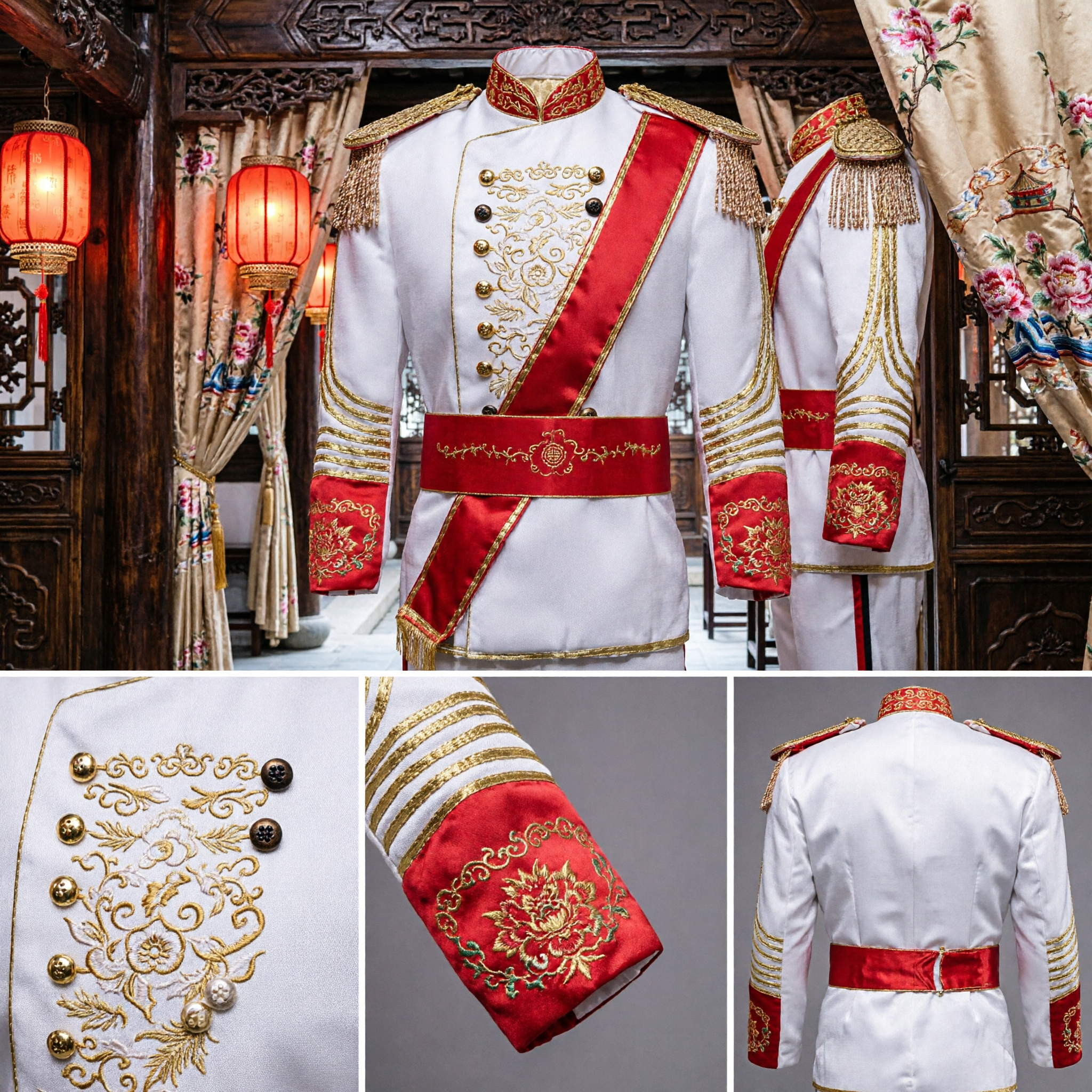 Uniforme blanc de fanfare militaire pour homme avec épaulettes dorées et écharpe rouge pour performance - Asian Costume