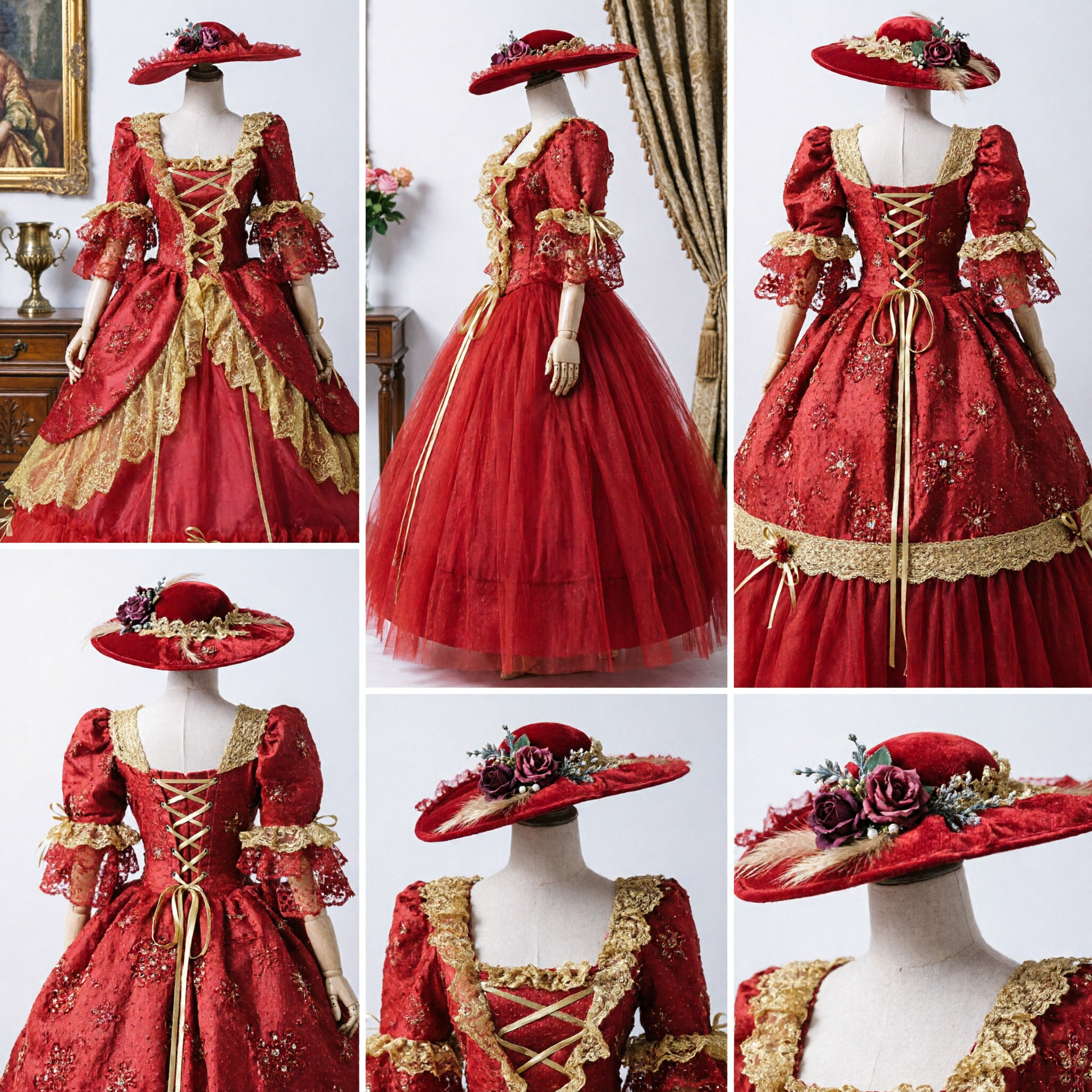 Costume da Regina Rinascimentale di Lusso in Rosso con Pizzi Dorati e Cappello per Esibizioni sul Palco Donna - Asian Costume