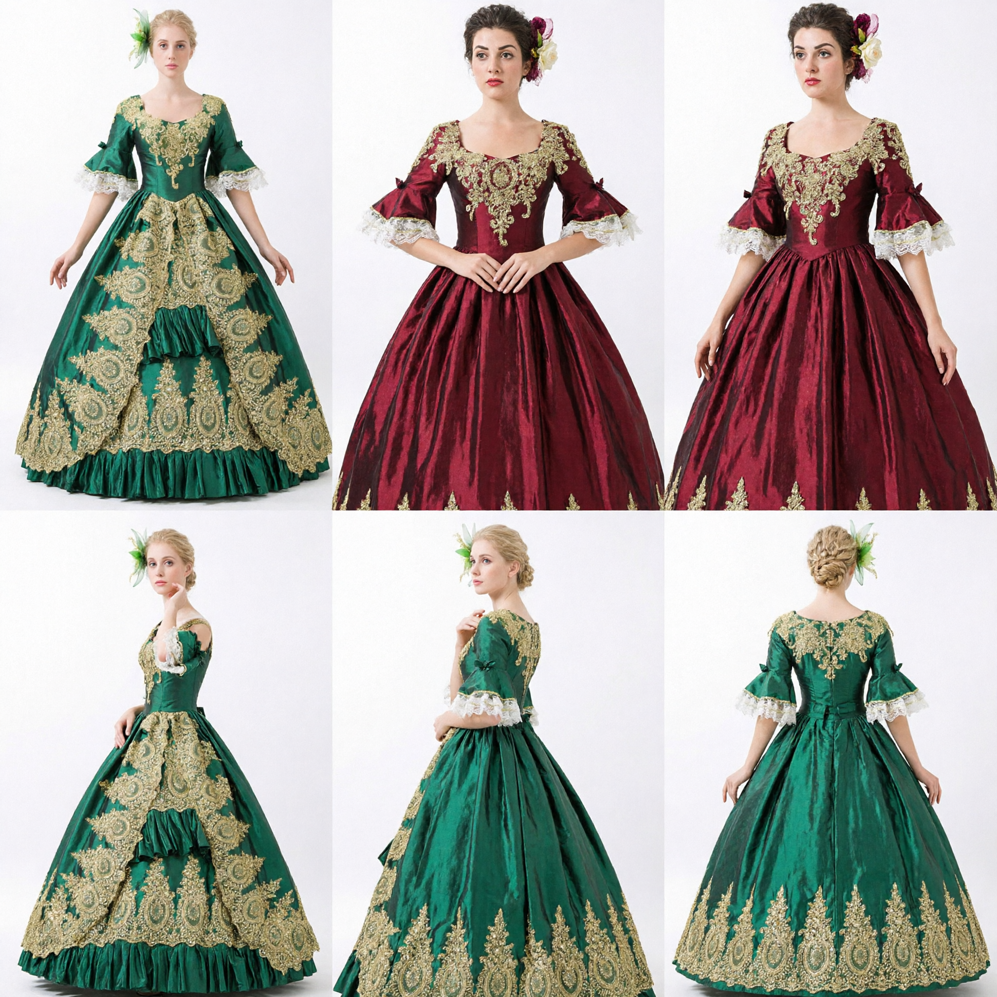 Abito da Ballo Rococò Blu Reale con Ricami e Pizzi Dorati, Costume Storico per Donna per Festa in Maschera - Asian Costume