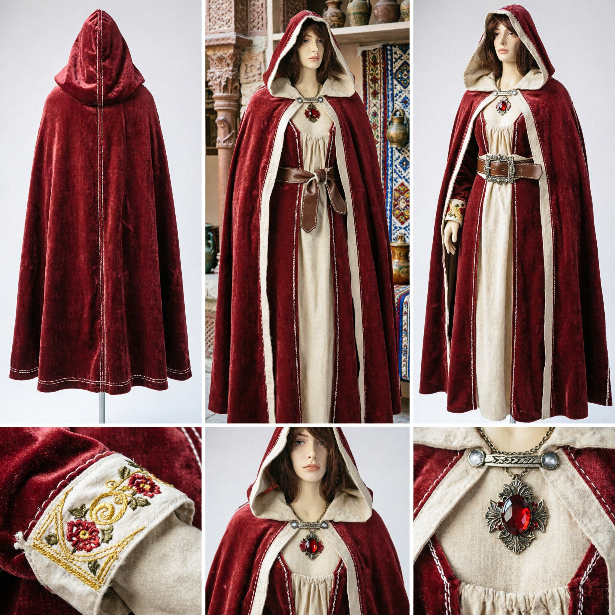 Volwassen Dames Middeleeuwse Renaissance Rode Fluweel Capuchon Mantel met Crème Voering Historisch Fantasy Cosplay Kostuum - Asian Costume