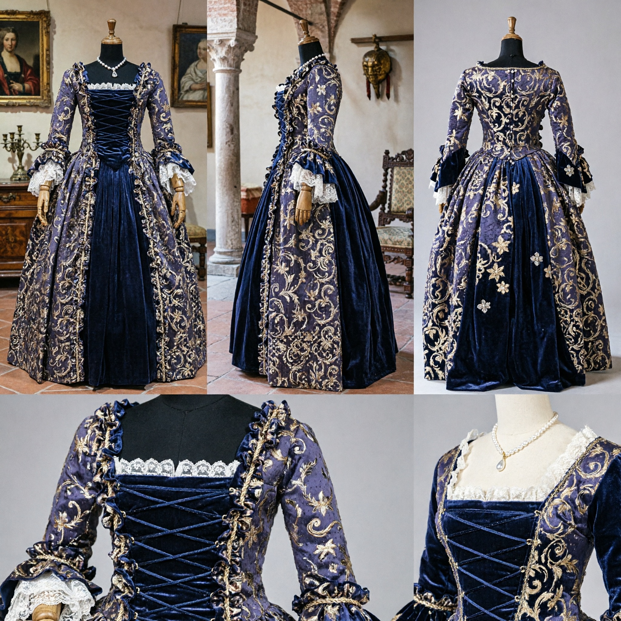 Elegancka Aksamitna Suknia Balowa w Stylu Rokoko z XVIII Wieku ze Złotym Haftem w Stylu Marie Antoinette, Historyczny Kostium Cosplay dla Kobiet - Asian Costume