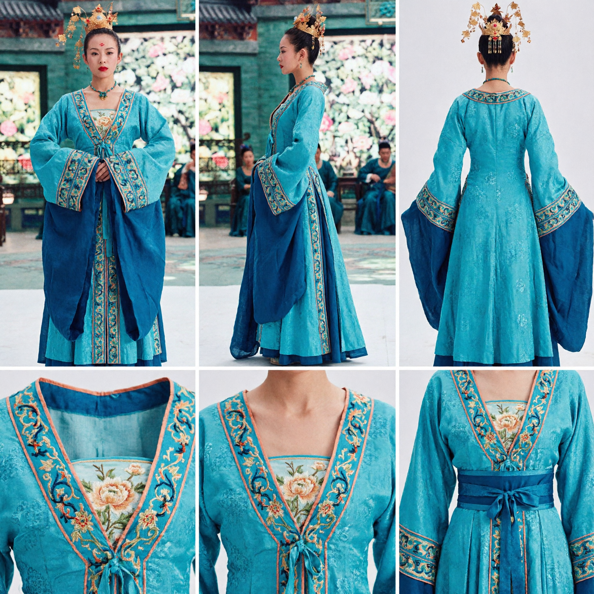 Chinese Traditionele Tang-dynastie Paleisdame Hanfu Kostuum Blauwgroene Danseresjurk met Watermouwen voor Vrouwen - Asian Costume