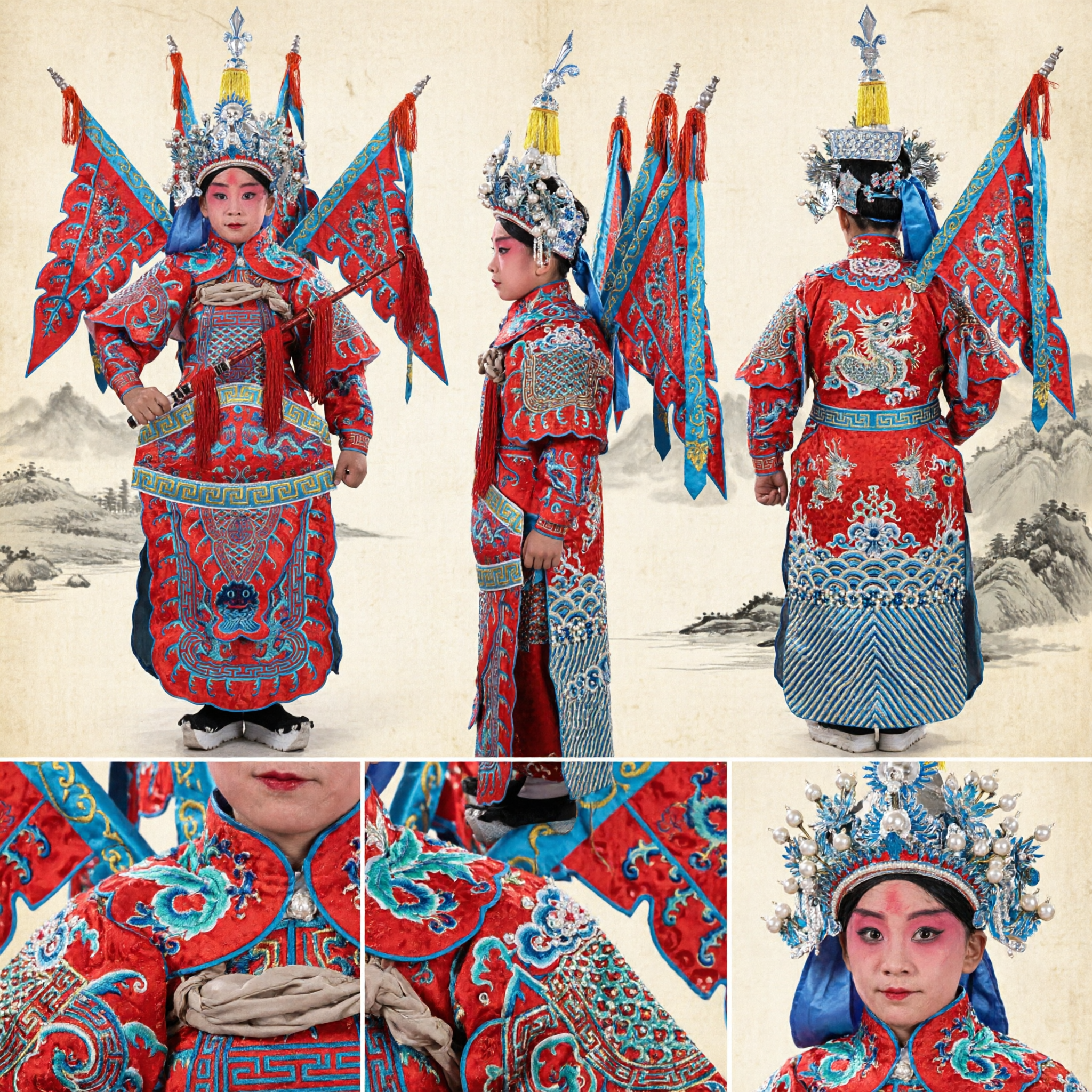 Costume traditionnel chinois de général de l'Opéra de Pékin pour enfants, tenue de guerrier rouge avec drapeaux pour spectacle sur scène - Asian Costume