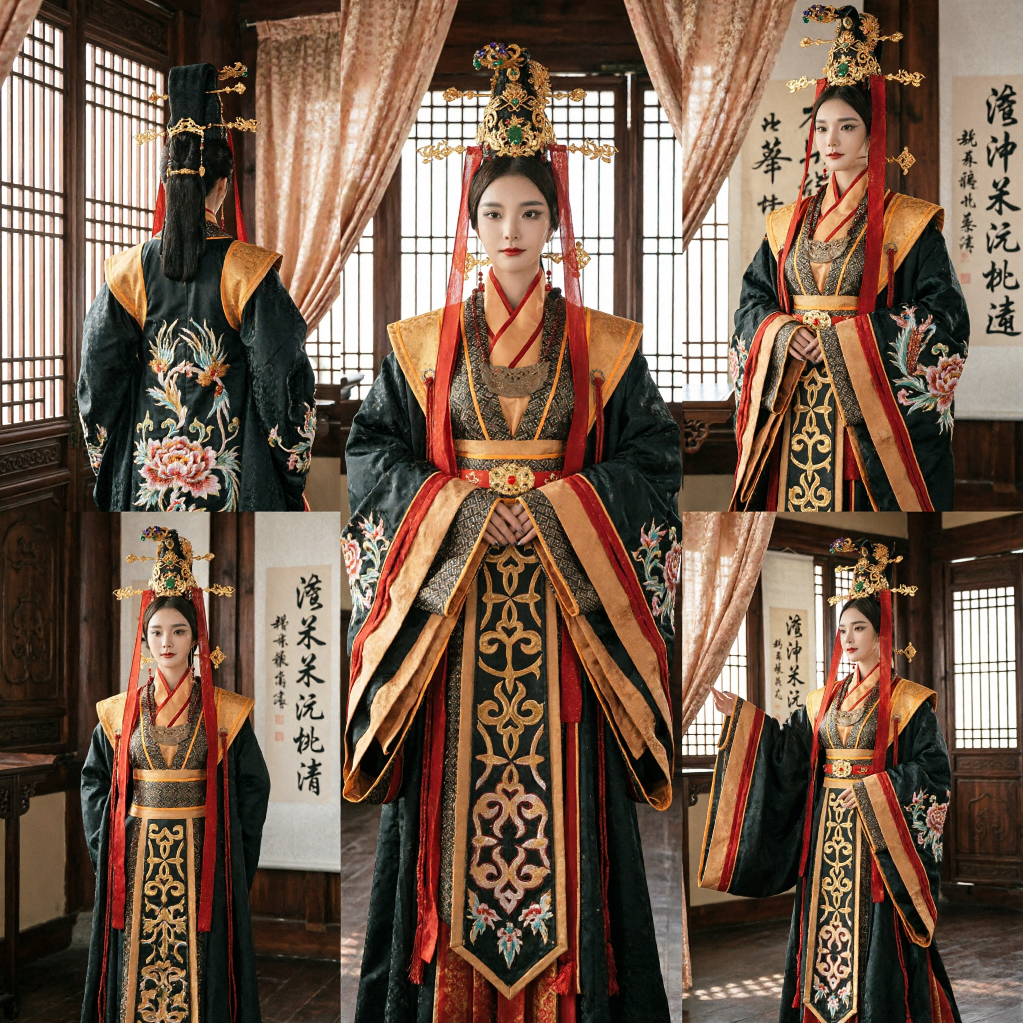 Costume Hanfu tradizionale cinese da antica imperatrice di palazzo, veste nera ricamata in oro per donne per performance sul palco - Asian Costume