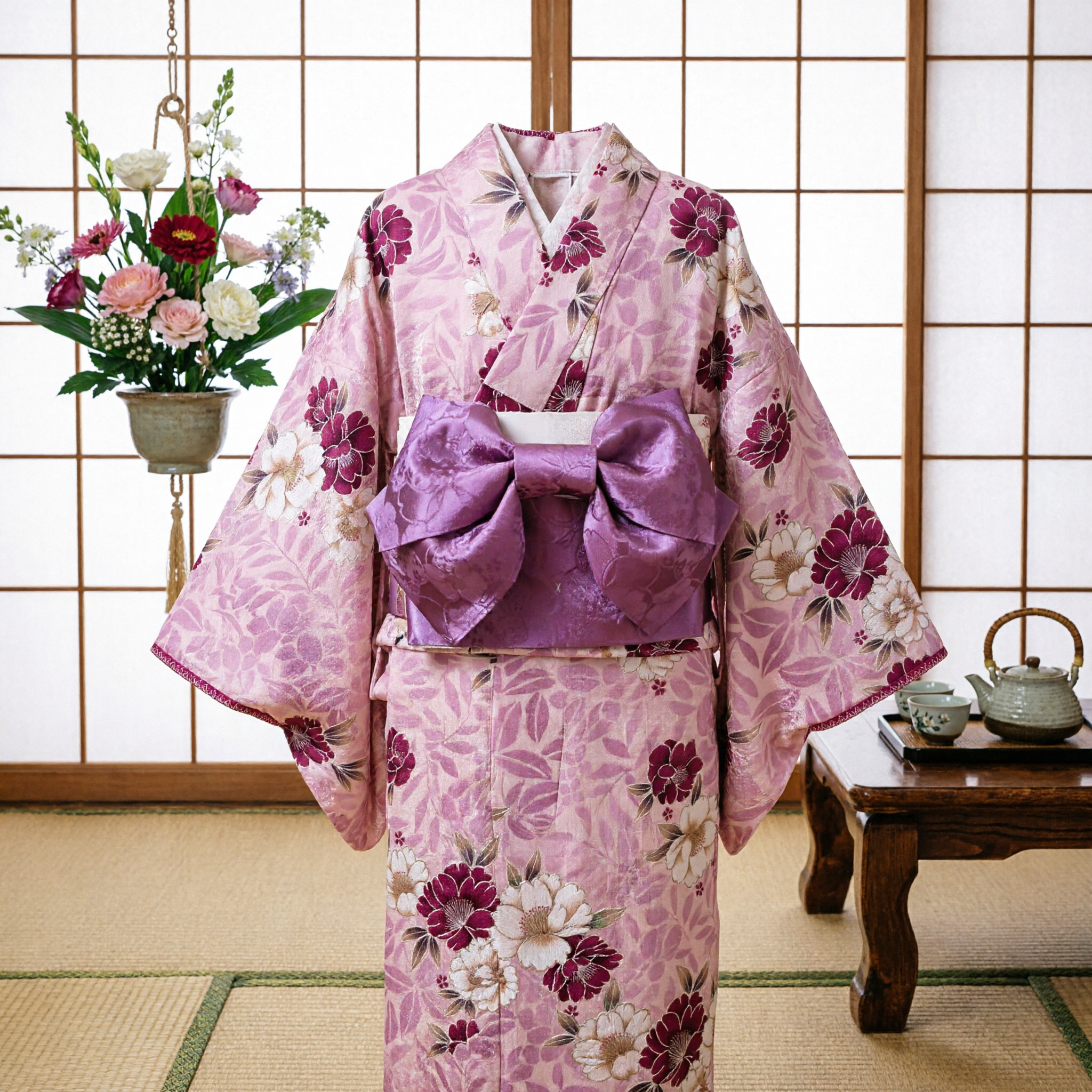 Traditional Japanese Floral Yukata Kimono Set with Purple Obi Sash for Women Festival Cosplay Costume - Asian Costume