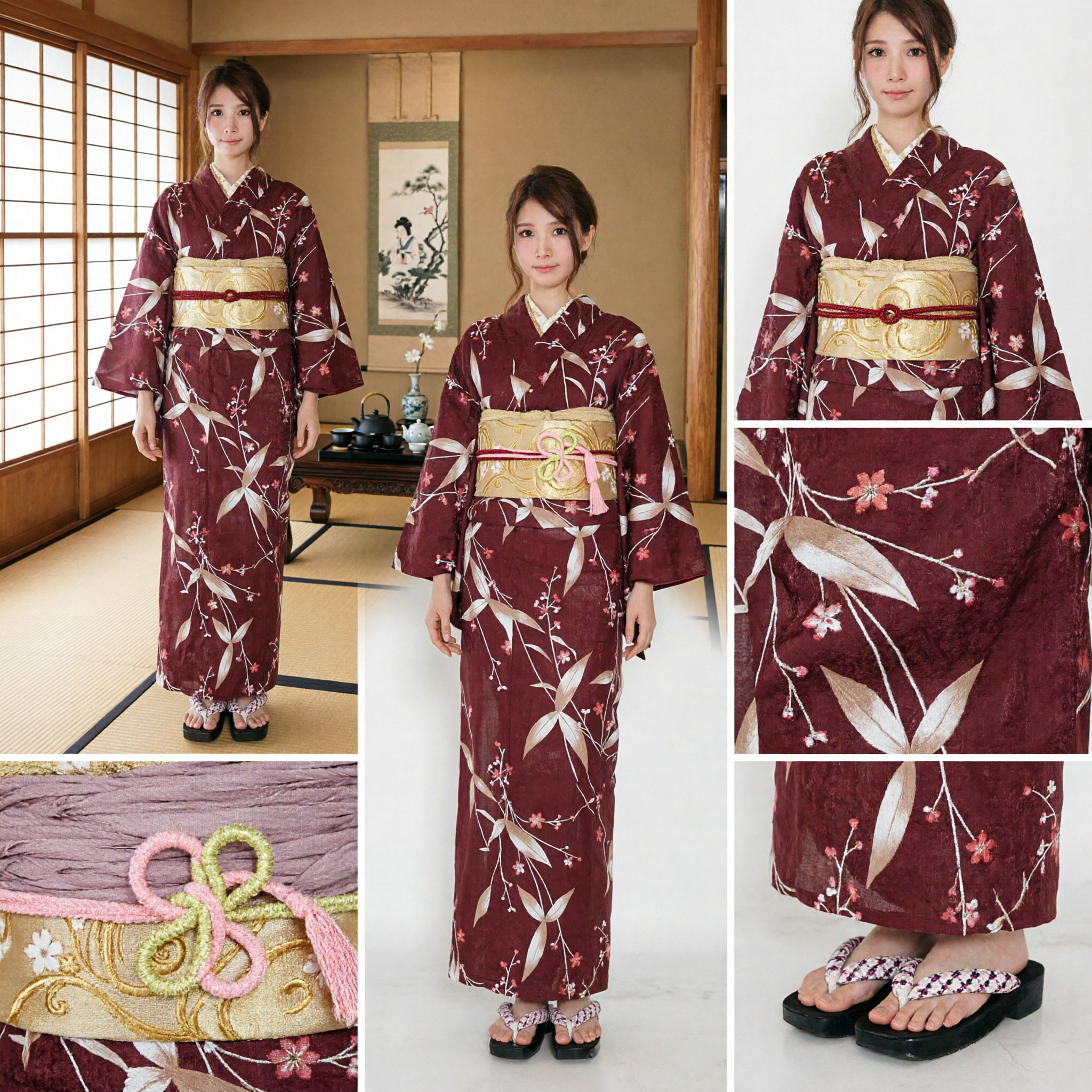 Elegant Japanese Traditional Burgundy Kimono for Women Floral Pattern Long Sleeve Costume for Cosplay Festival - Asian Costume