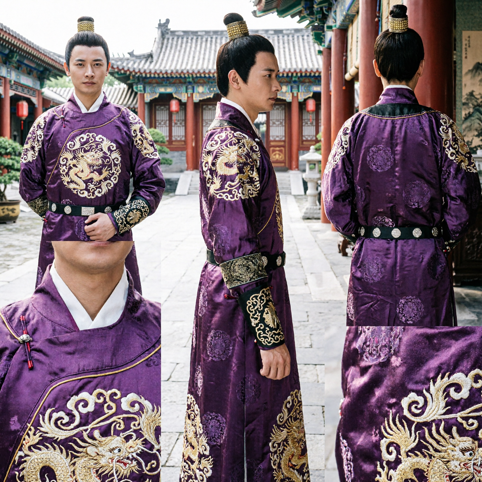 باروكة الرجال الصينية القديمة مع توب نوت وتاج ذهبي لزي دراما هانفو التاريخية وتنكر كوزبلاي - Asian Costume