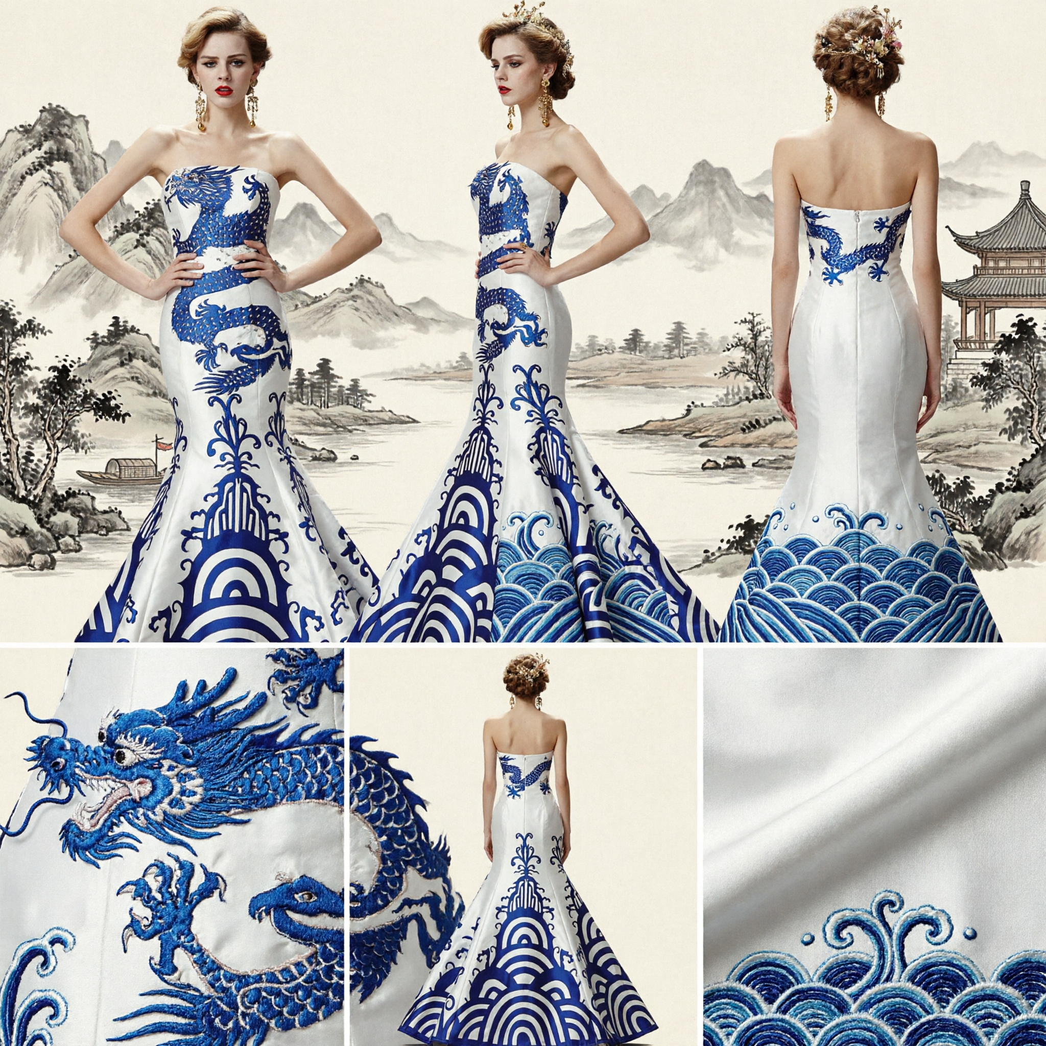 Elegant Strapless Mermaid Evening Gown with Blue Dragon and Porcelain Print for Stage Performance and Galas - Asian Costume