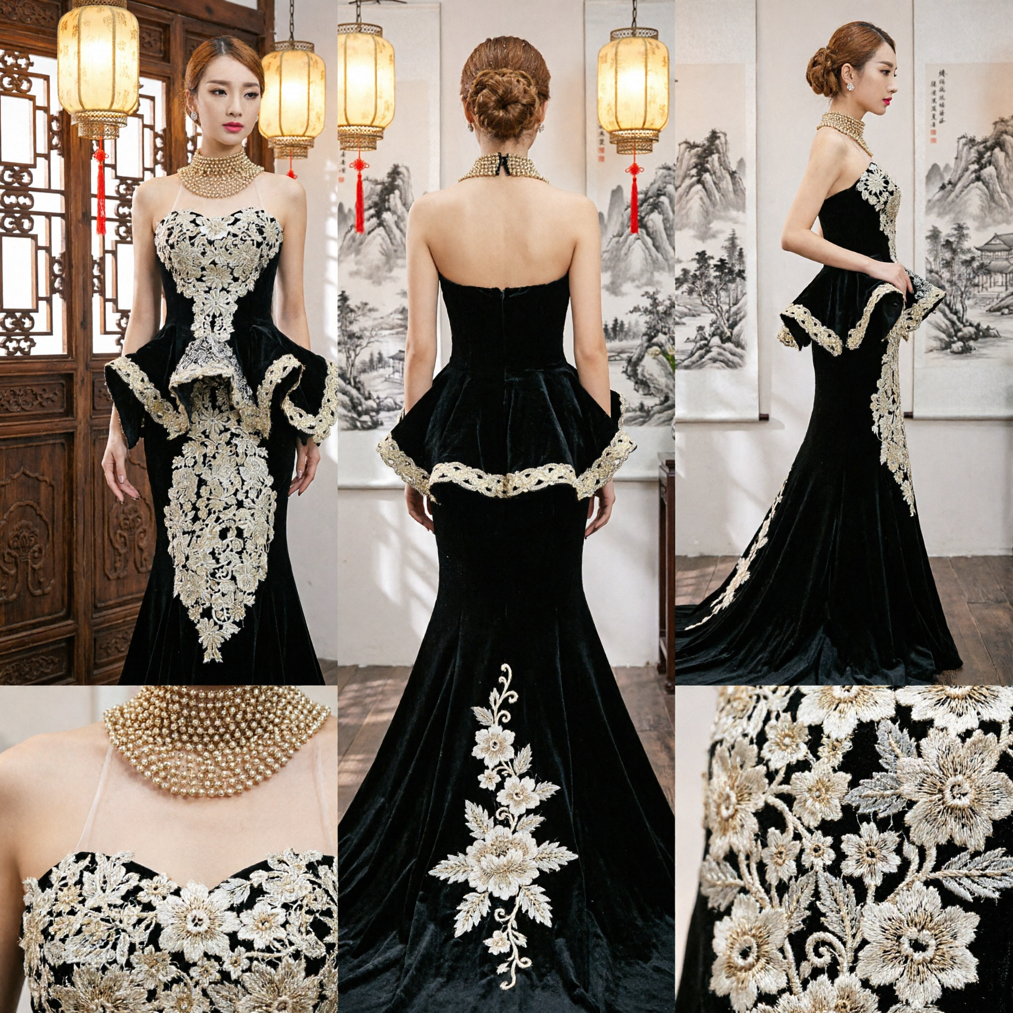 Elegant Black Velvet Mermaid Evening Gown with Gold Embroidery for Stage Performance and Formal Gala Banquet - Asian Costume