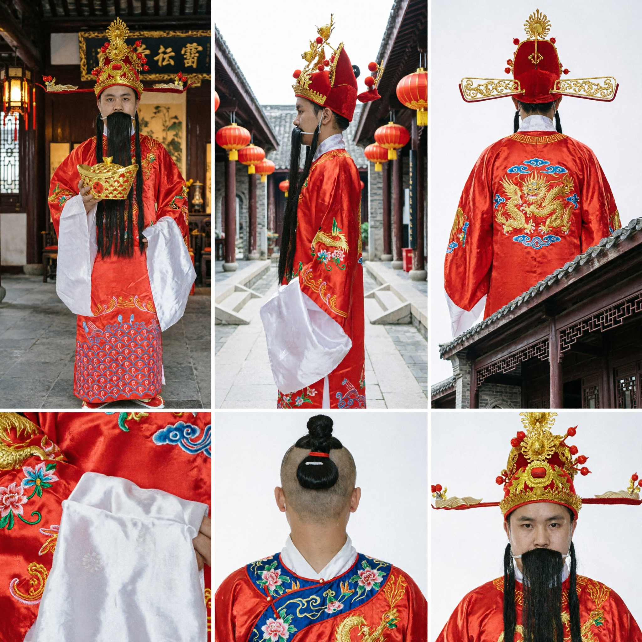 Traditionelles chinesisches Gott-des-Reichtums-Kostüm Männer Rotes Gewand Caishen-Outfit für Mondneujahrsaufführungen - Asian Costume