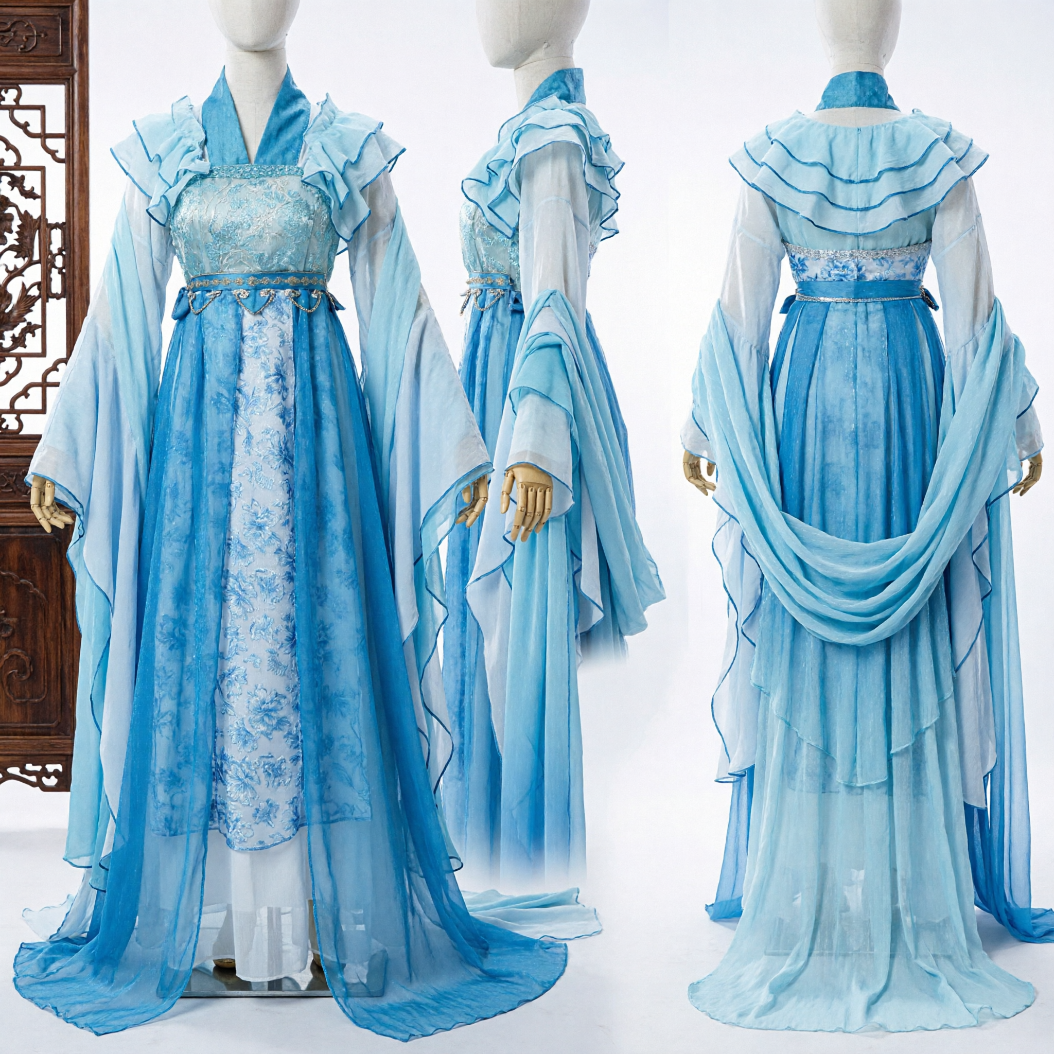 전통 중국 한푸 블루 요선 선녀 의상 고풍 공주 드레스 여성 코스프레 무대 공연용 - Asian Costume