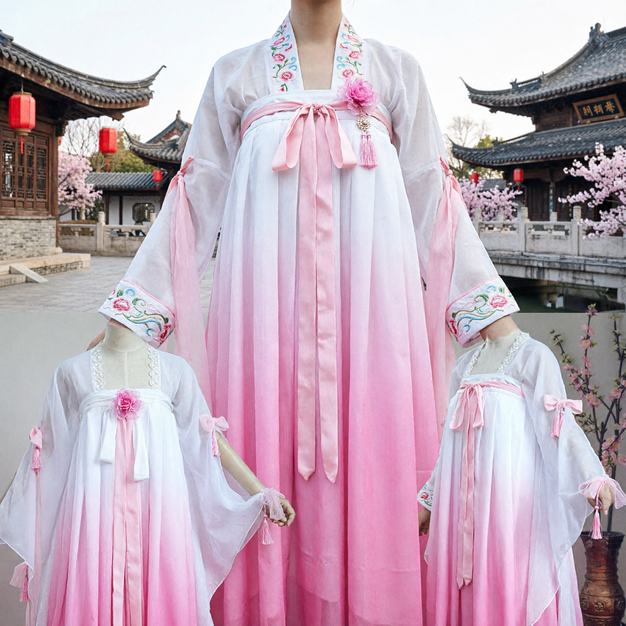 Traditional Chinese Hanfu Dress Tang Dynasty Style White and Pink Gradient Ancient Fairy Costume for Women - Asian Costume