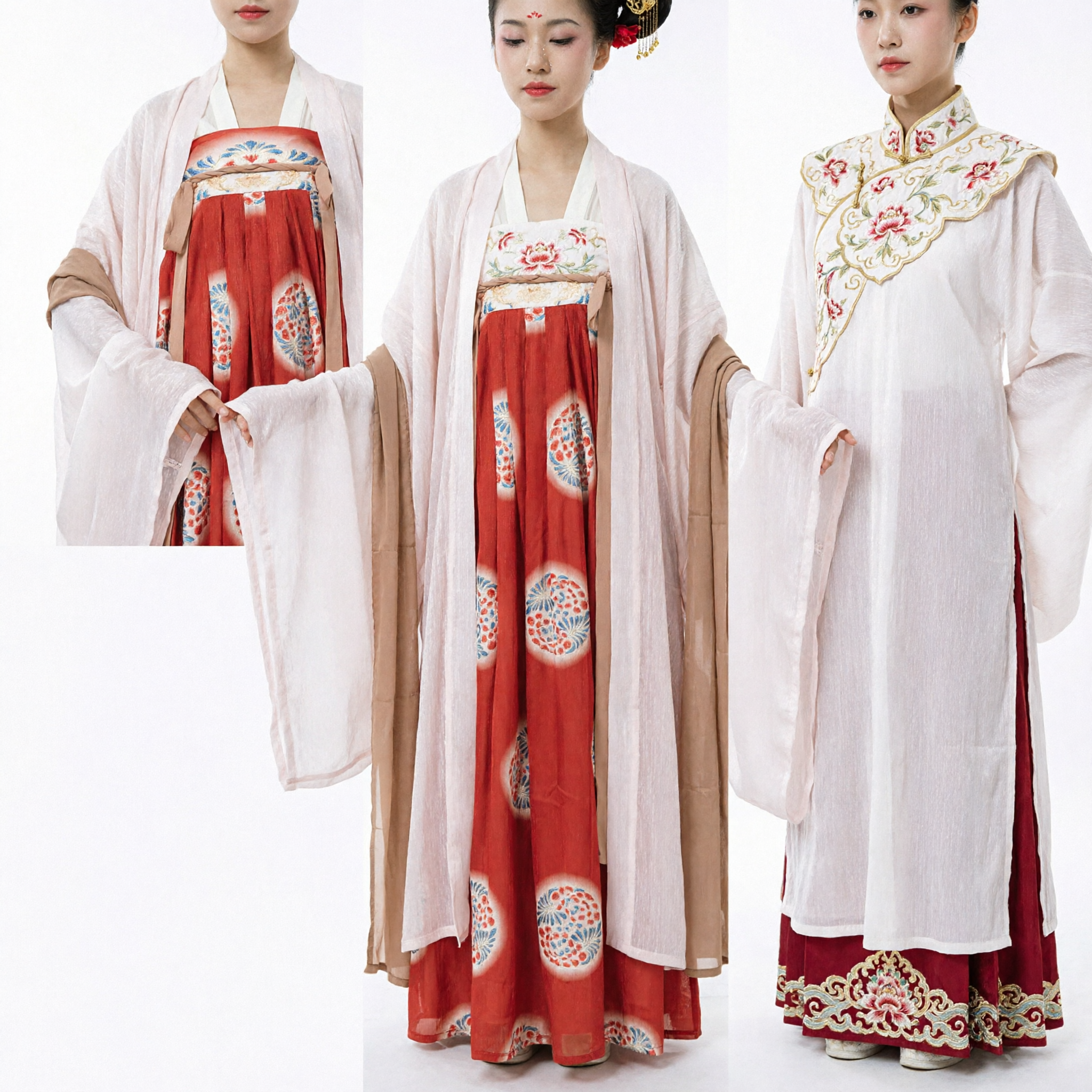 Costume Hanfu tradizionale cinese della Dinastia Tang, Tunica con Maniche Ampie e Gonna Rossa Floreale, Abito da Dama di Palazzo antico - Asian Costume