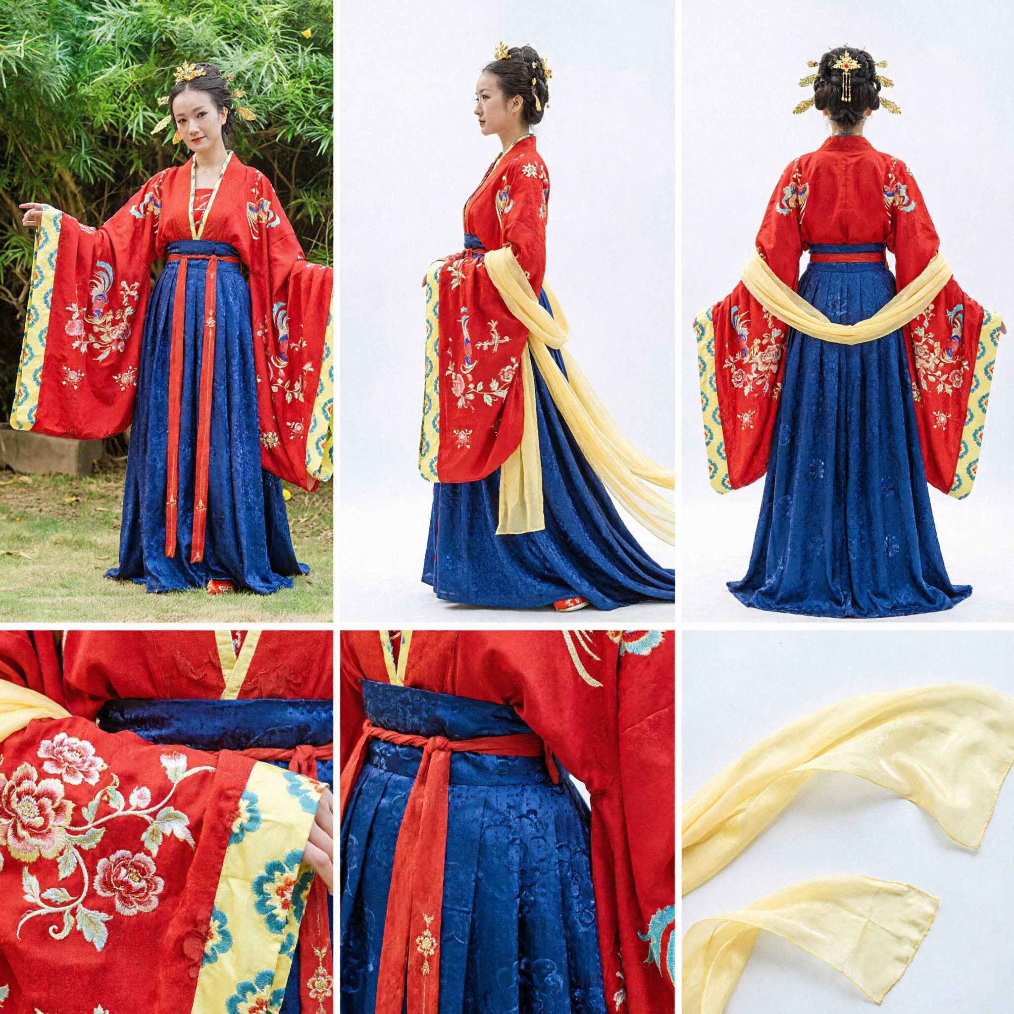 Traje Tradicional Chinês Hanfu da Dinastia Tang, Túnica Vermelha Bordada de Princesa com Saia Azul, Vestido de Fada - Asian Costume