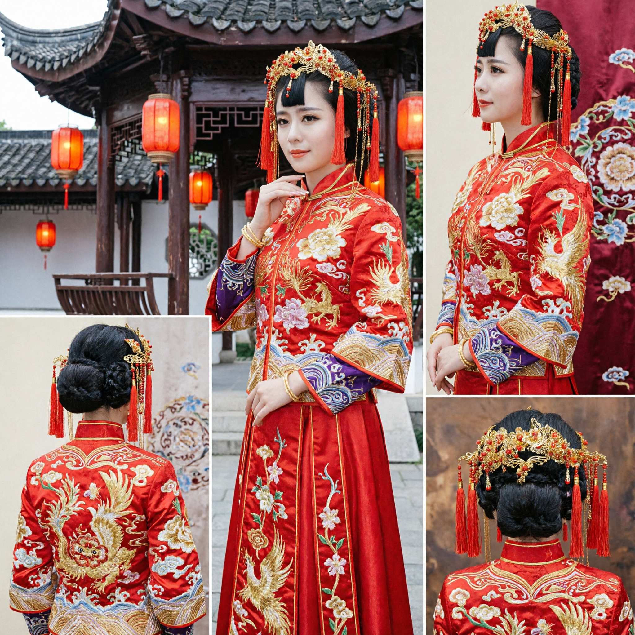 Acessórios para Cabelo de Casamento Tradicional Chinês, Coroa de Fênix de Filigrana Dourada com Borla Vermelha para Noiva em Hanfu - Asian Costume