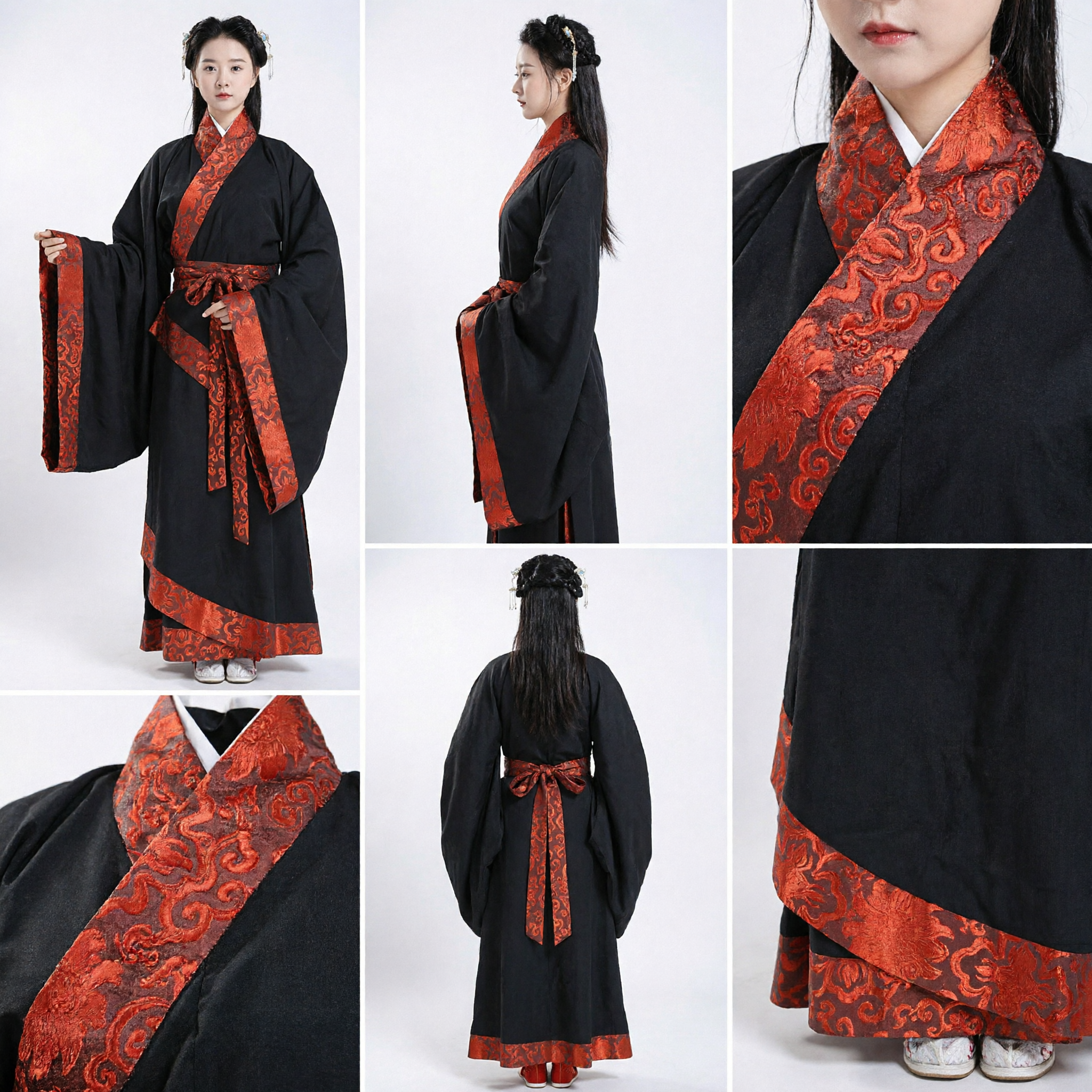 Traditioneel Han-dynastie Hanfu Zwarte Wijde Mouw Mantel Rood Gepatronde Sjerp Vrouwen Antiek Kostuum - Asian Costume