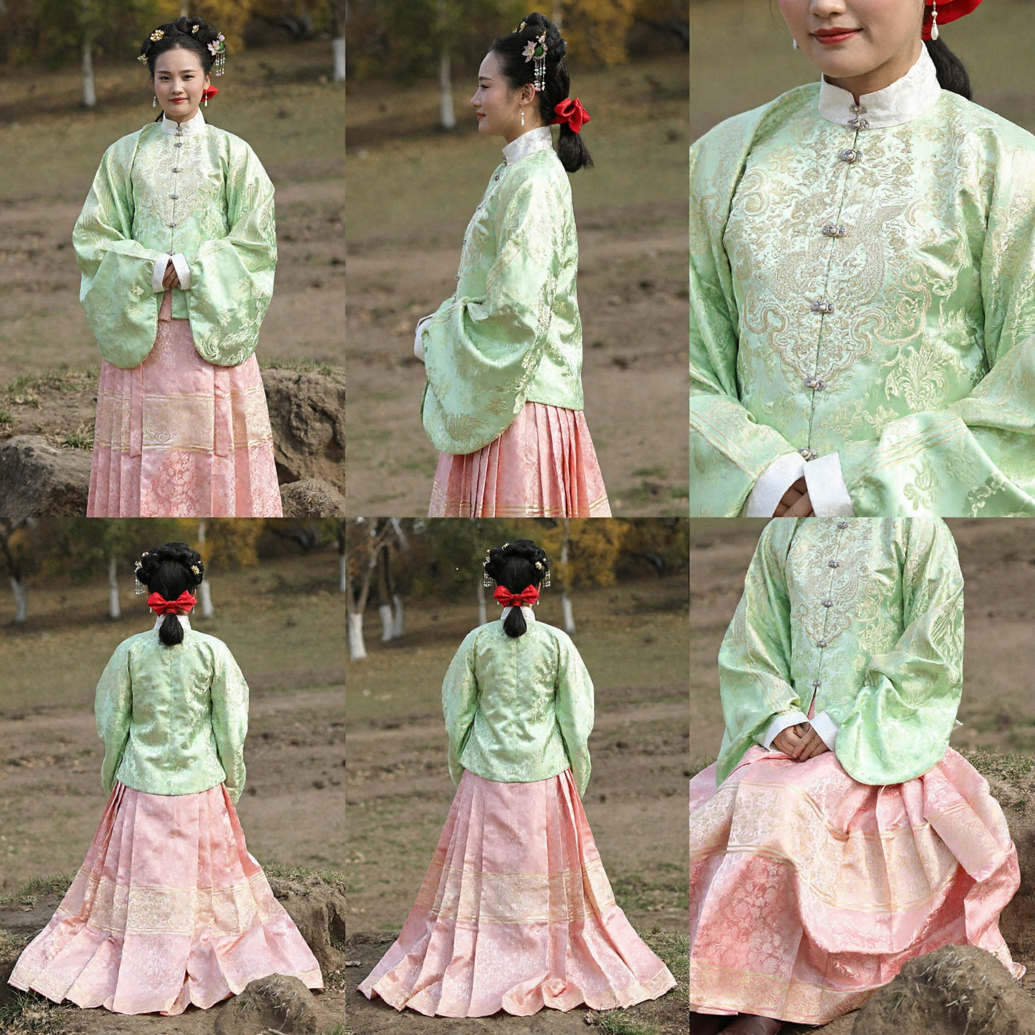 Costume Hanfu della Dinastia Ming tradizionale cinese per Donne, Set Top in Broccato Verde e Gonna Plissettata Rosa - Asian Costume