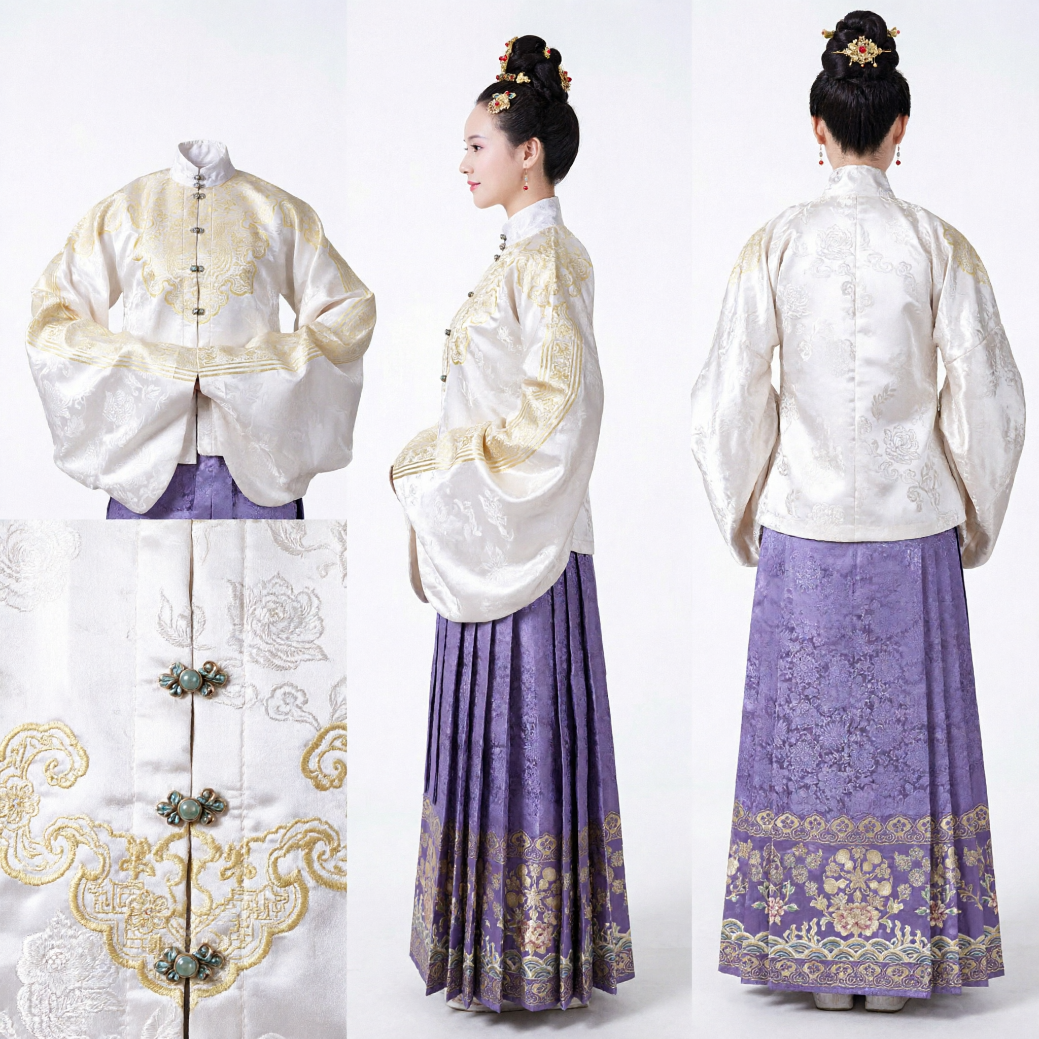 Traje Tradicional Chinês Hanfu da Dinastia Ming para Mulheres, Conjunto de Casaco Pifeng Branco Bordado e Saia Roxa - Asian Costume
