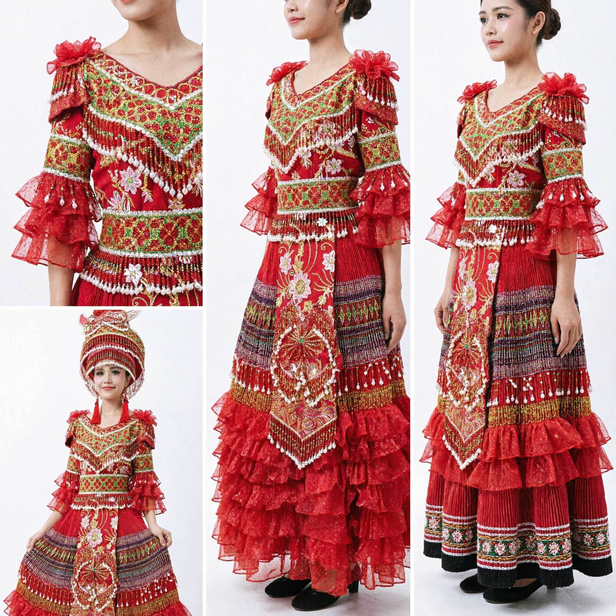 Vestido de Casamento Vermelho Tradicional da Minoria Étnica Chinesa, Fantasia de Dança Folclórica Bordada Completa com Chapéu - Asian Costume