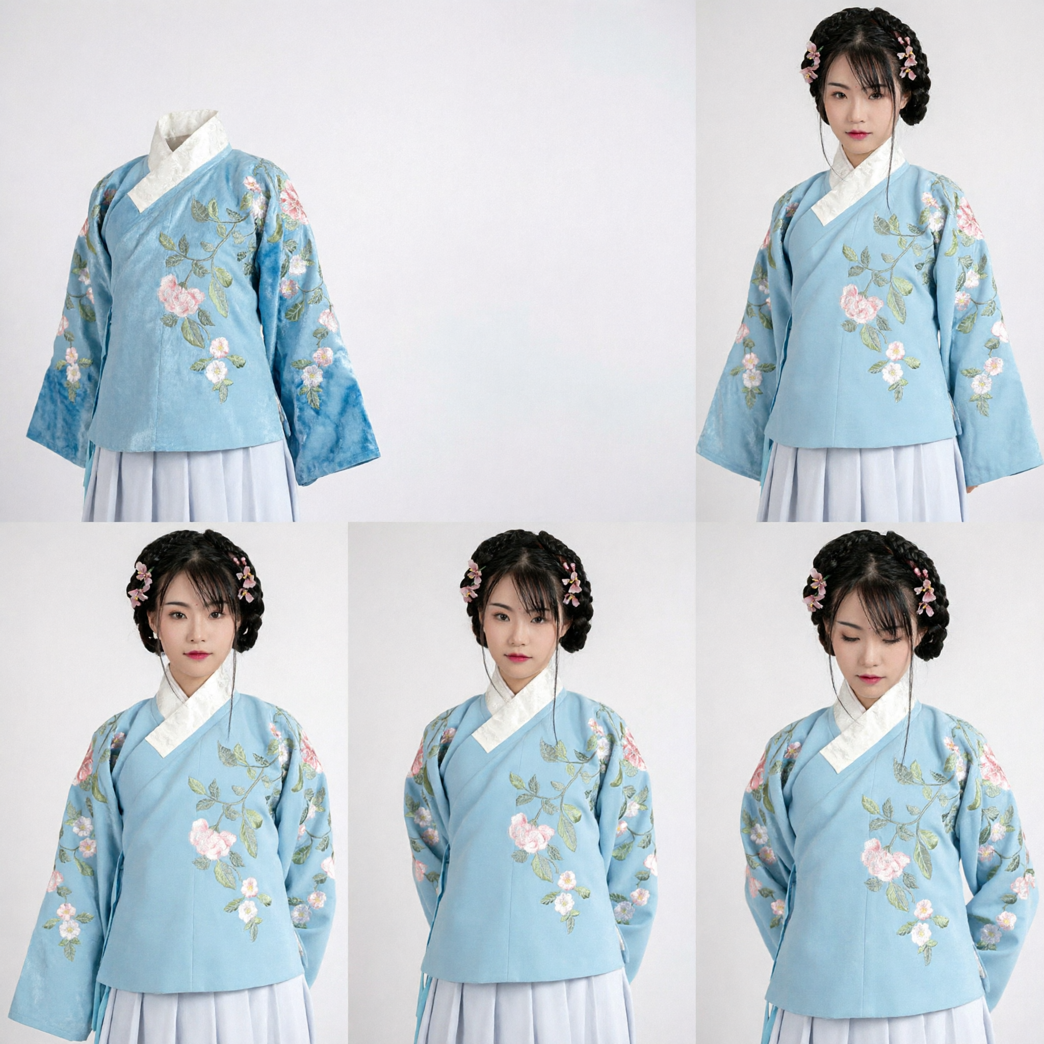 Haut Hanfu traditionnel chinois bleu clair à col croisé brodé floral, costume ancien style Ming pour femmes - Asian Costume