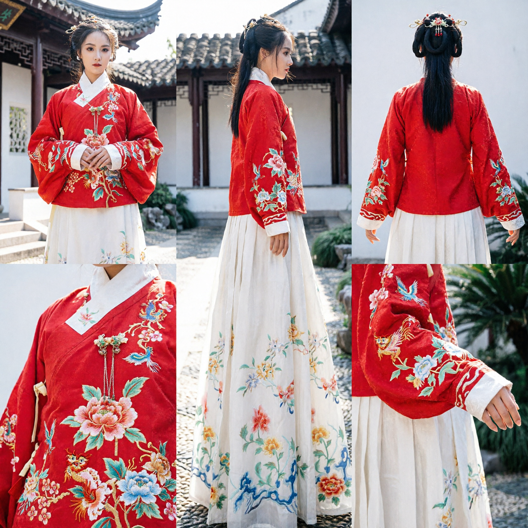 Traditionelles chinesisches Hanfu, Ming-Dynastie-rot besticktes Ao-Oberteil und Blumenrock-Kostüm für Damen - Asian Costume
