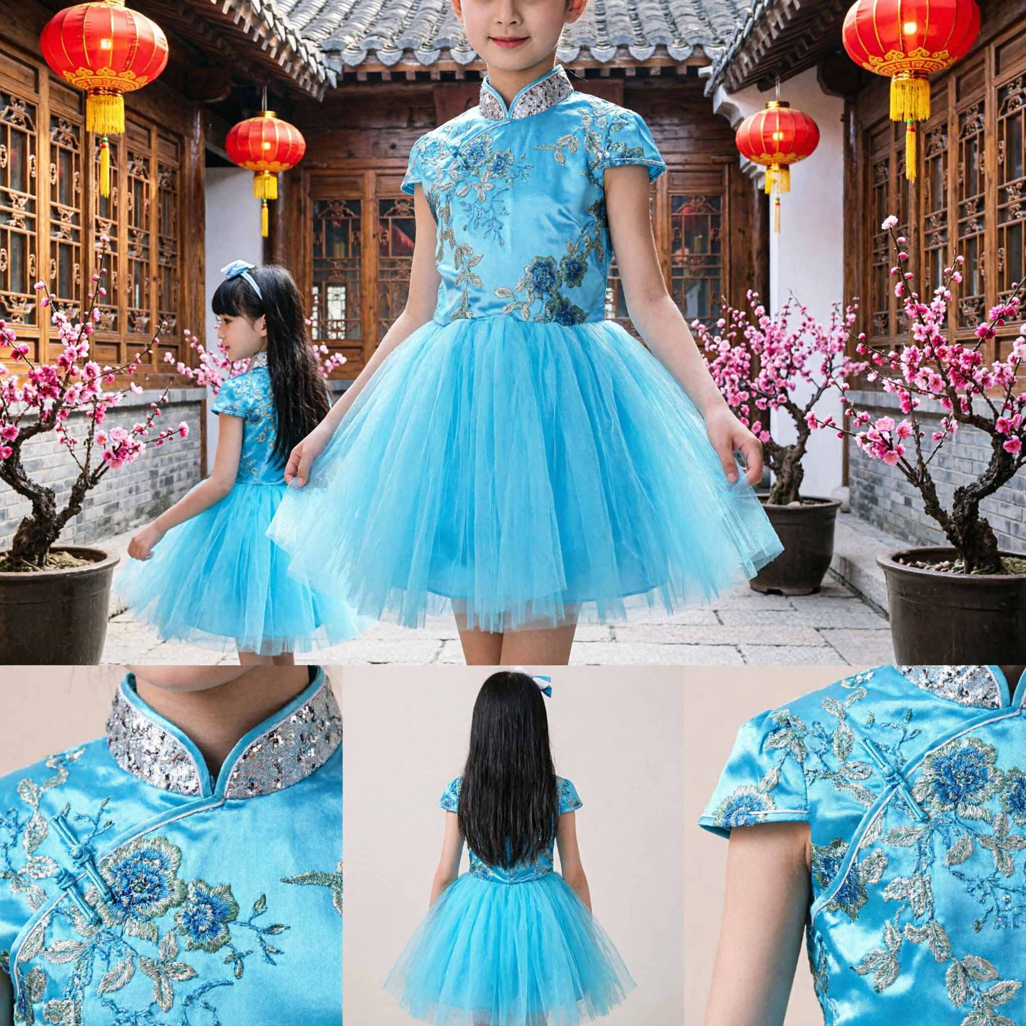 Vestido Cheongsam Azul Bordado para Meninas, Top Tradicional Chinês Qipao com Saia de Tule, para Festas Infantis - Asian Costume