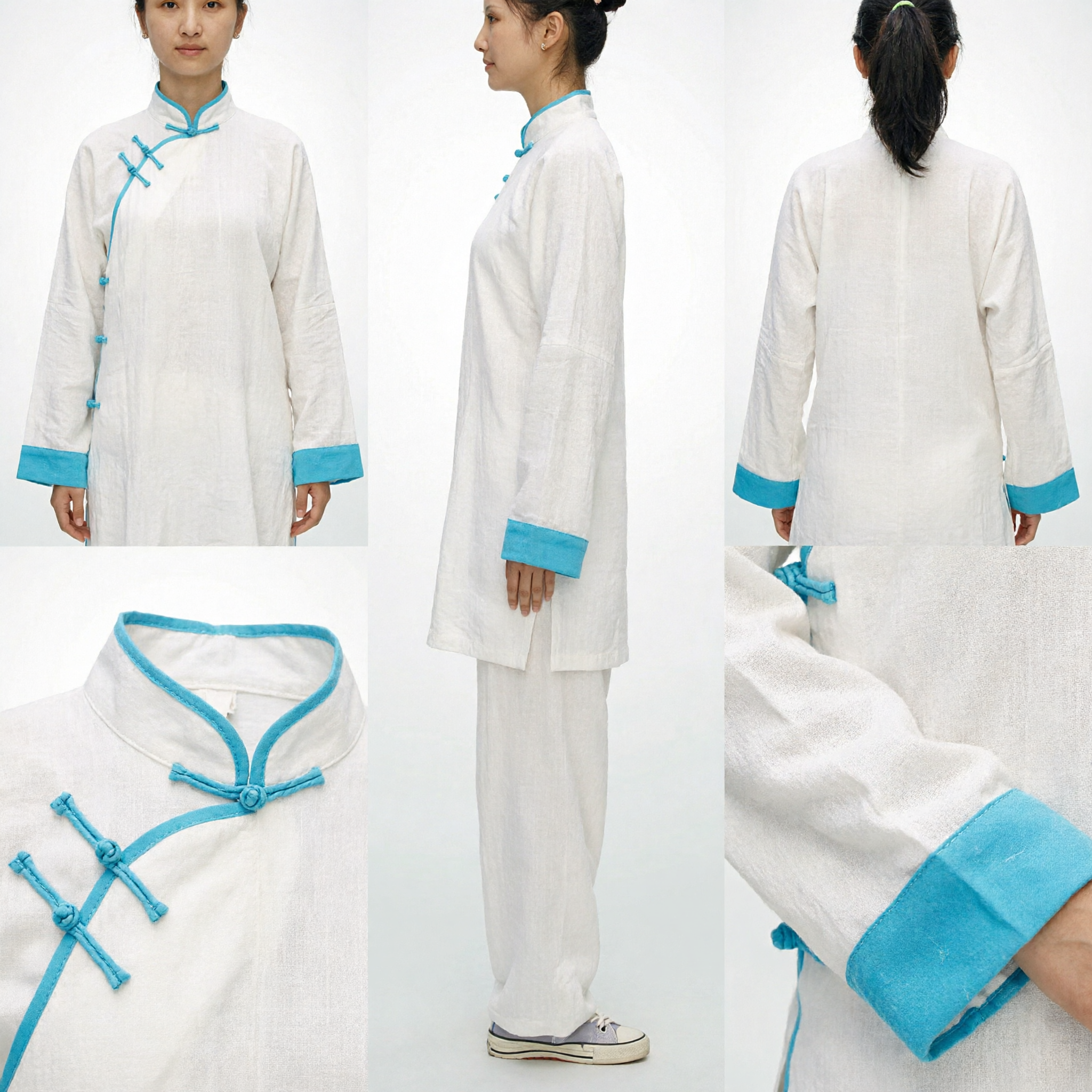 Women's White Traditional Tai Chi Uniform Kung Fu Suit with Blue Trim Martial Arts Clothing Set - Asian Costume