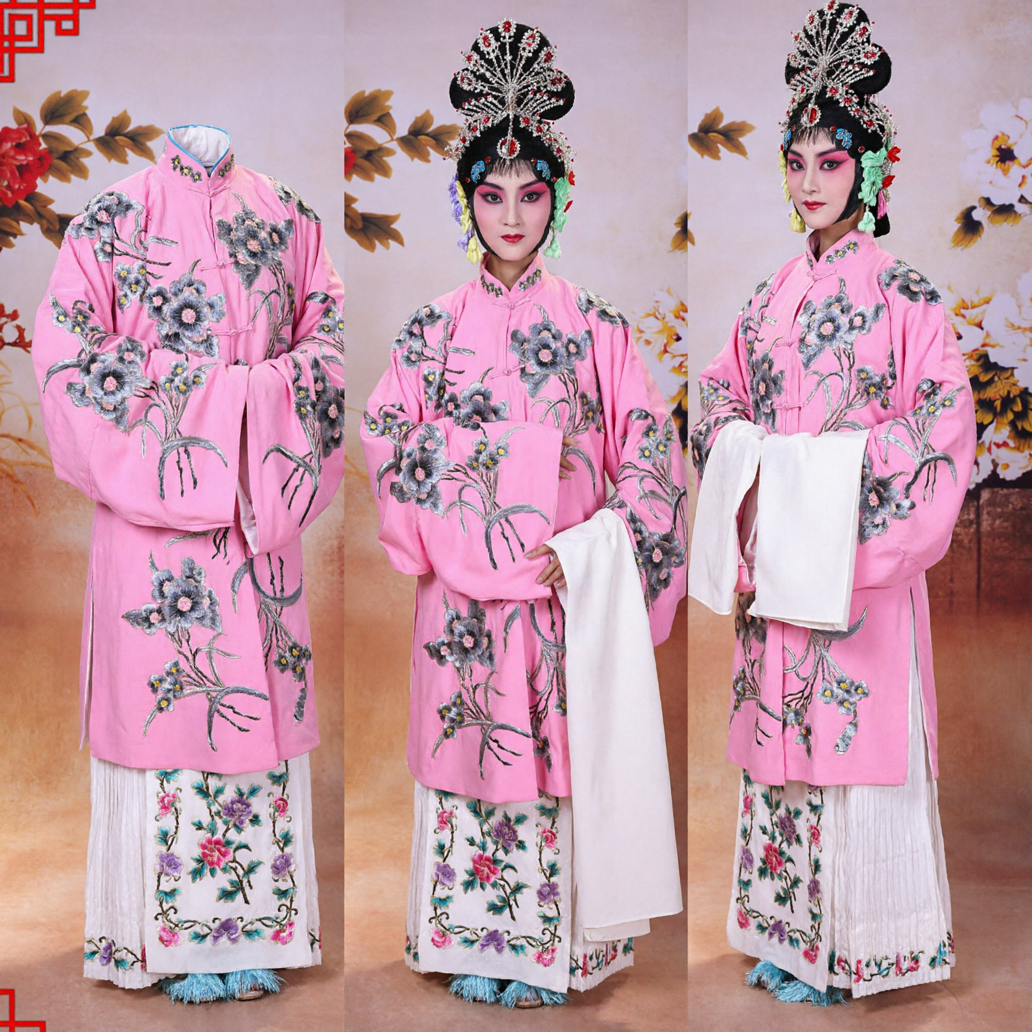 Traje Tradicional de la Ópera de Pekín Chino, Conjunto de Túnica y Falda Rosa Bordada para Presentaciones Escénicas de Mujeres - Asian Costume