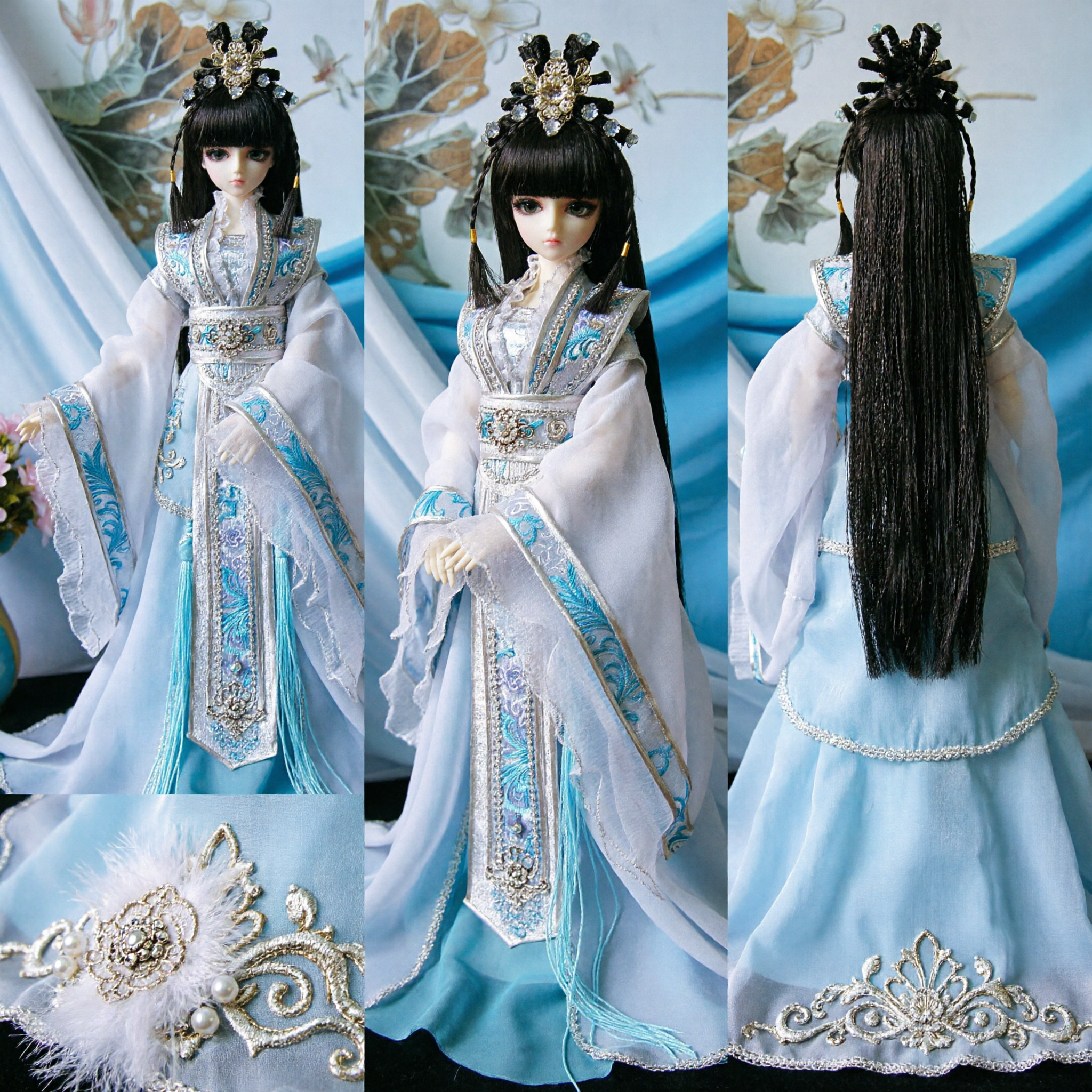 전통 중국 한푸 의상 BJD 인형용 고대 선녀 백색과 청색 드레스 헤어 액세서리 포함 - Asian Costume