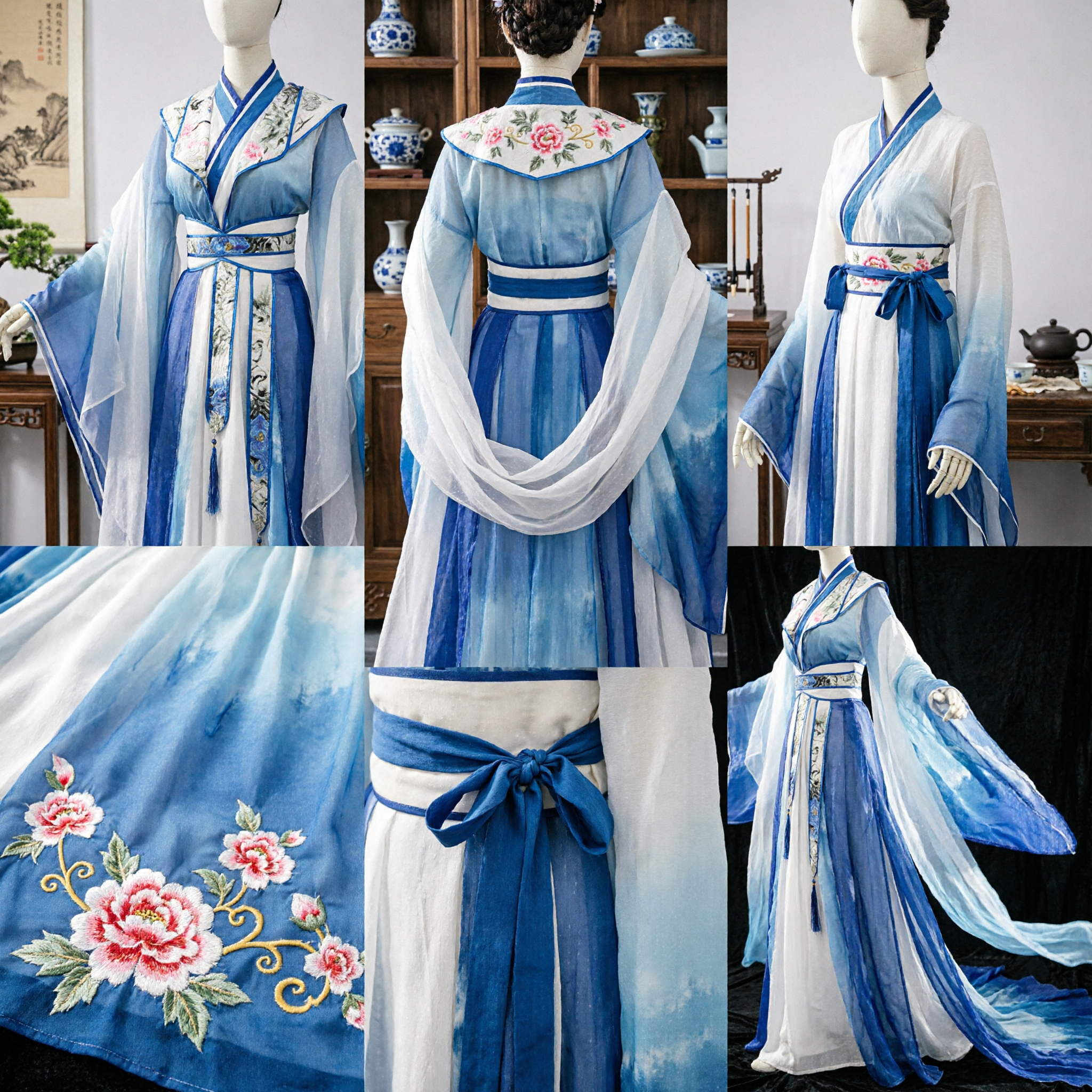 Traditional Chinese Hanfu Ancient Costume Blue White Gradient Embroidered Fairy Dress for Women Cosplay - Asian Costume