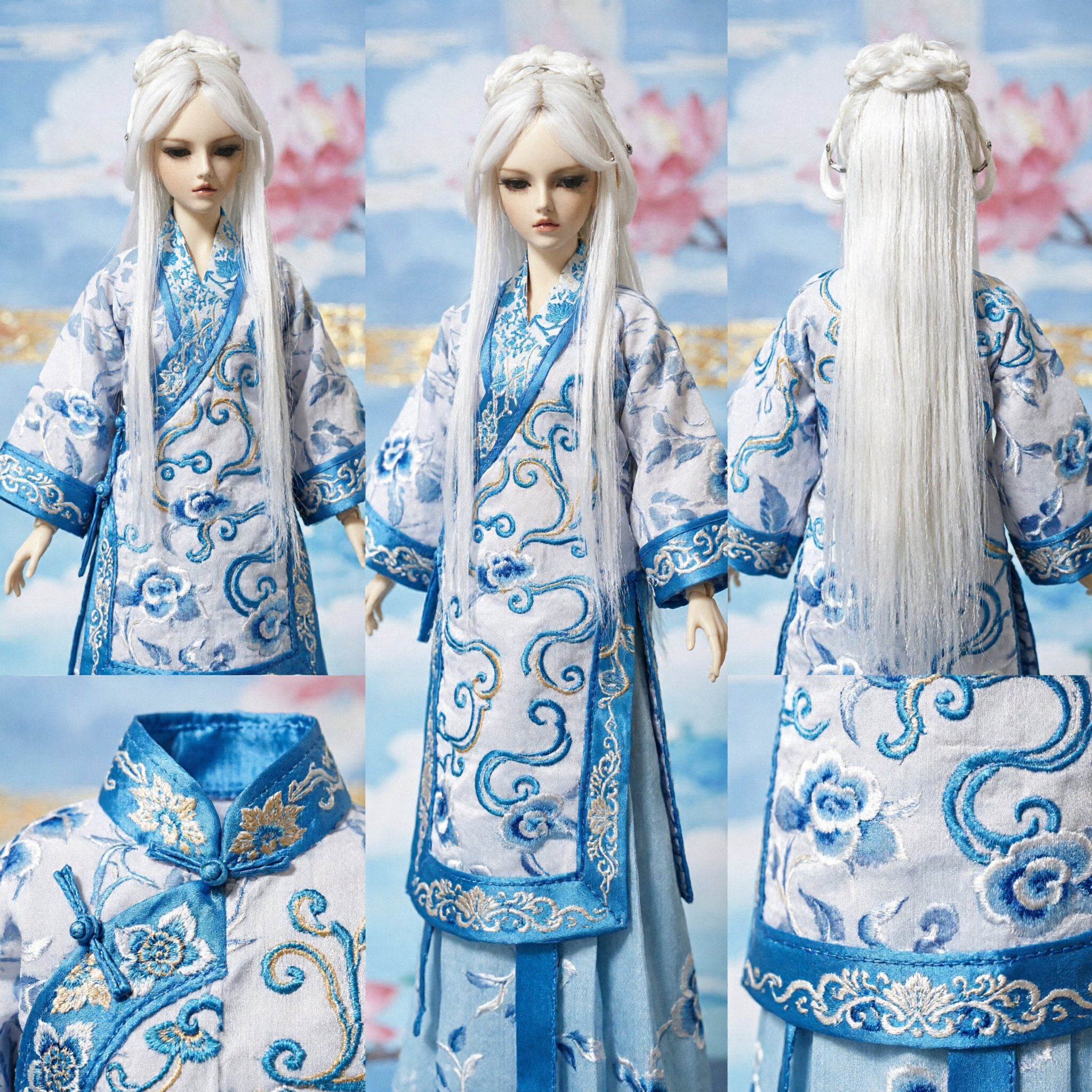 Tradycyjna Chińska Biało-Srebrna Długa Peruka z Warkoczem i Kokiem dla Lalek BJD Akcesorium Włosów do Kostiumu Cosplay Hanfu - Asian Costume