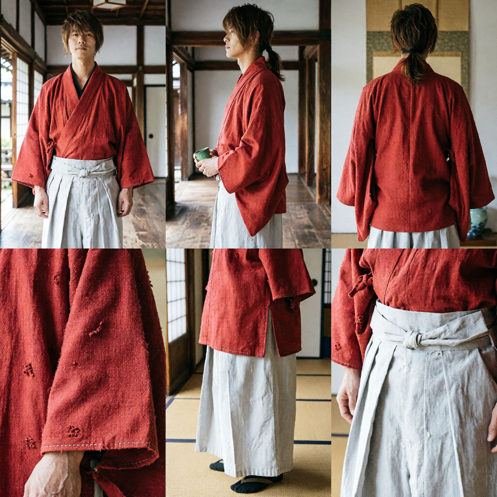 Männer Rotes Japanisches Kimono-Oberteil und Weiße Hakama-Hosen-Set Traditionelles Samurai-Cosplay-Kostüm für Männer - Asian Costume