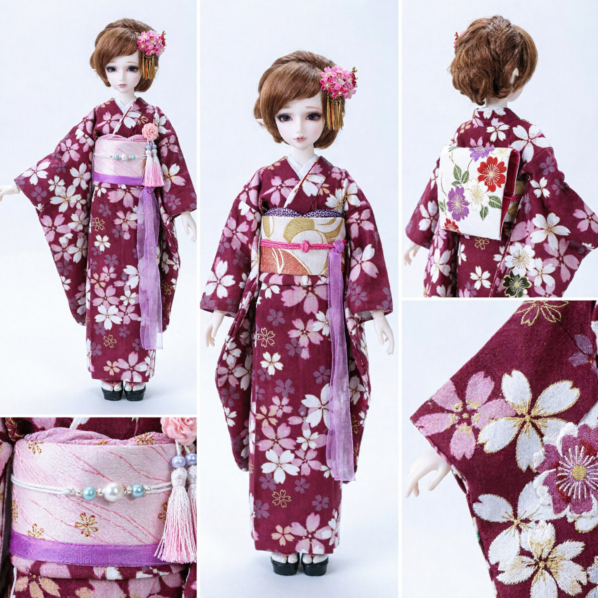 Tenue de Kimono Sakura violet élégant pour poupées - Ensemble de costume traditionnel japonais de geisha avec accessoires - Asian Costume