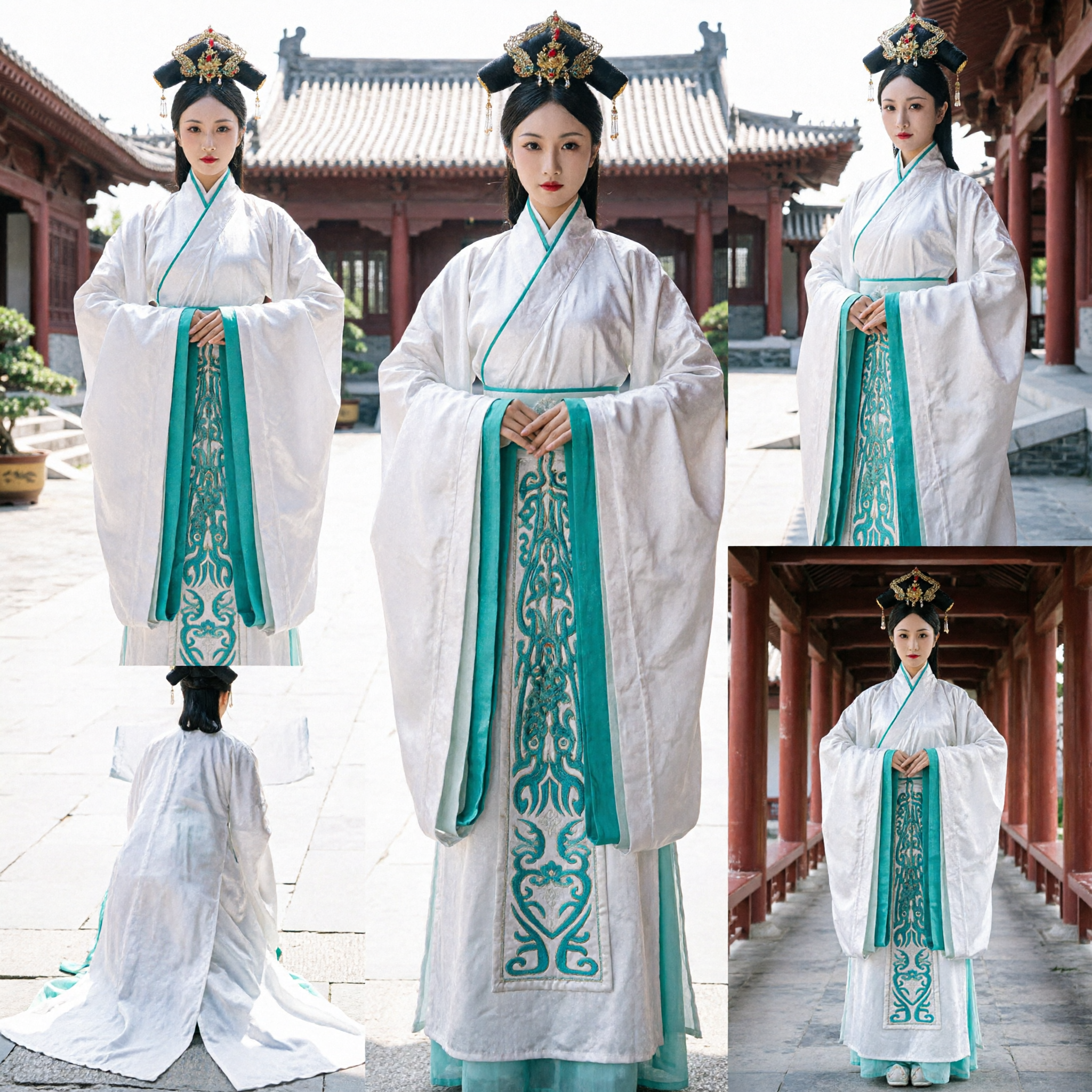 Traje Tradicional Chinês Antigo Hanfu de Dama do Palácio Vestido Branco com Bordado Azul Petróleo para Performance e Cosplay Feminino - Asian Costume