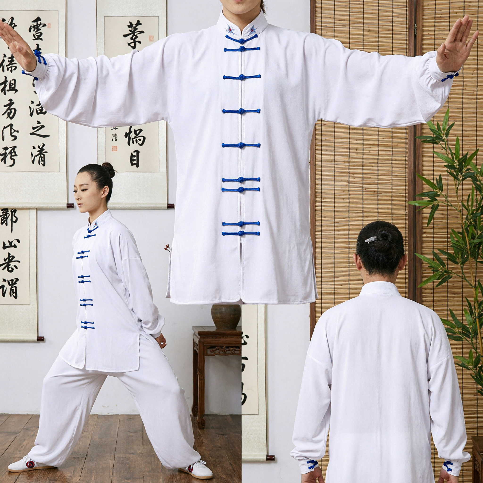 Kobiecy biały tradycyjny uniform tai chi kung fu, chiński strój sztuk walki z bawełny z mandaryńskim kołnierzykiem - Asian Costume