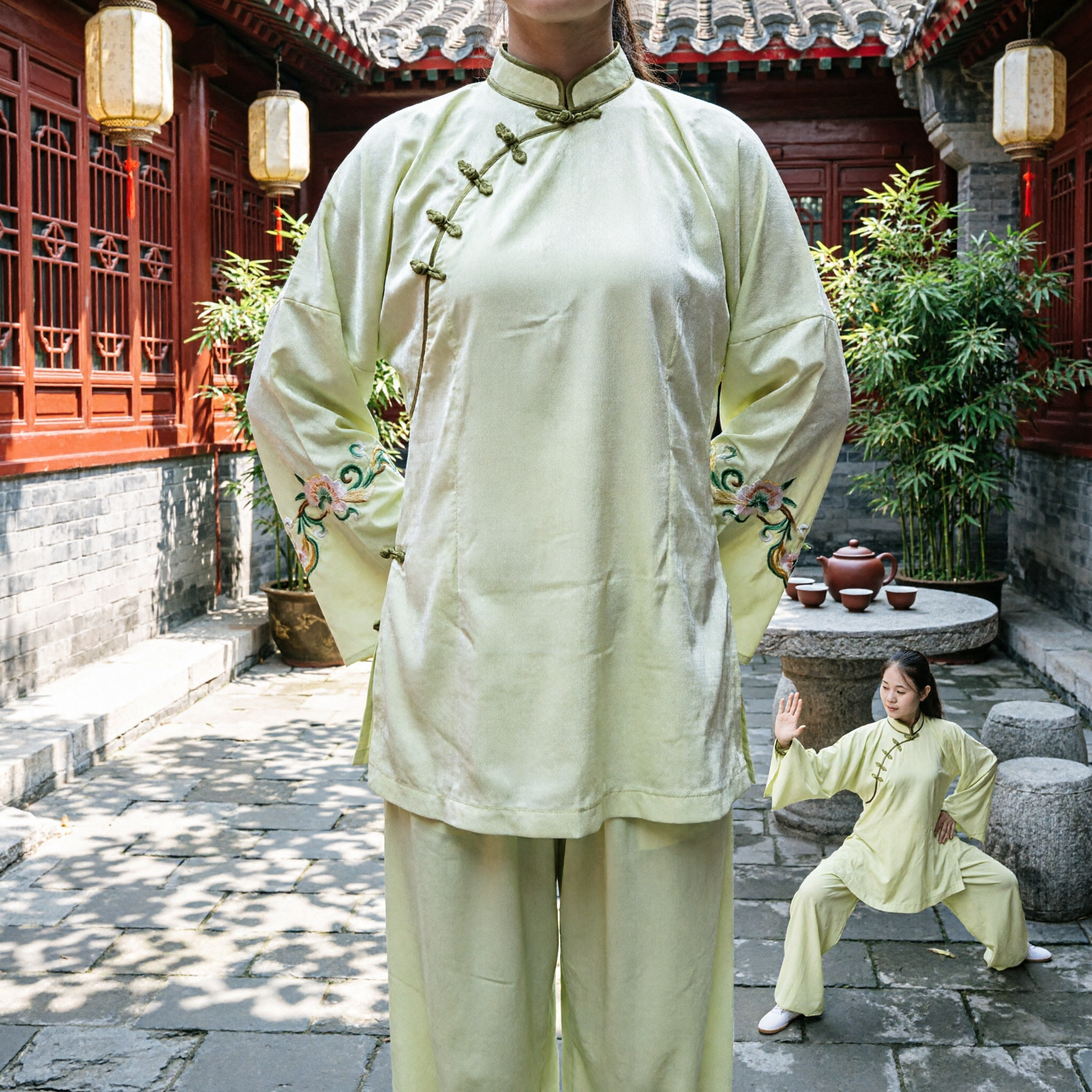 Uniforme traditionnel chinois Tai Chi pour femmes - Tenue Kung Fu vert clair - Vêtement d'arts martiaux pour méditation - Asian Costume