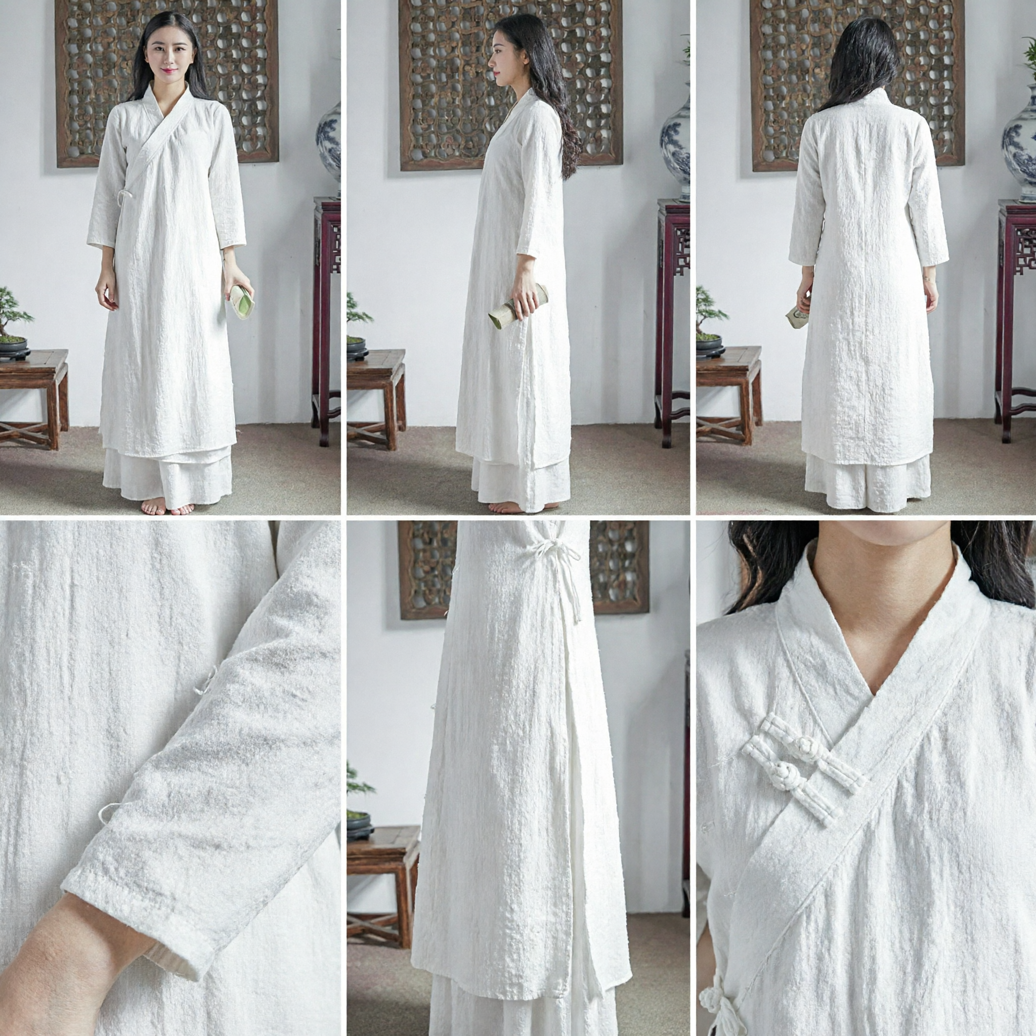 Vrouwen Wit Linnen Traditionele Chinese Hanfu Gewaad en Broek Set voor Theeceremonie Yoga en Zen Meditatie - Asian Costume