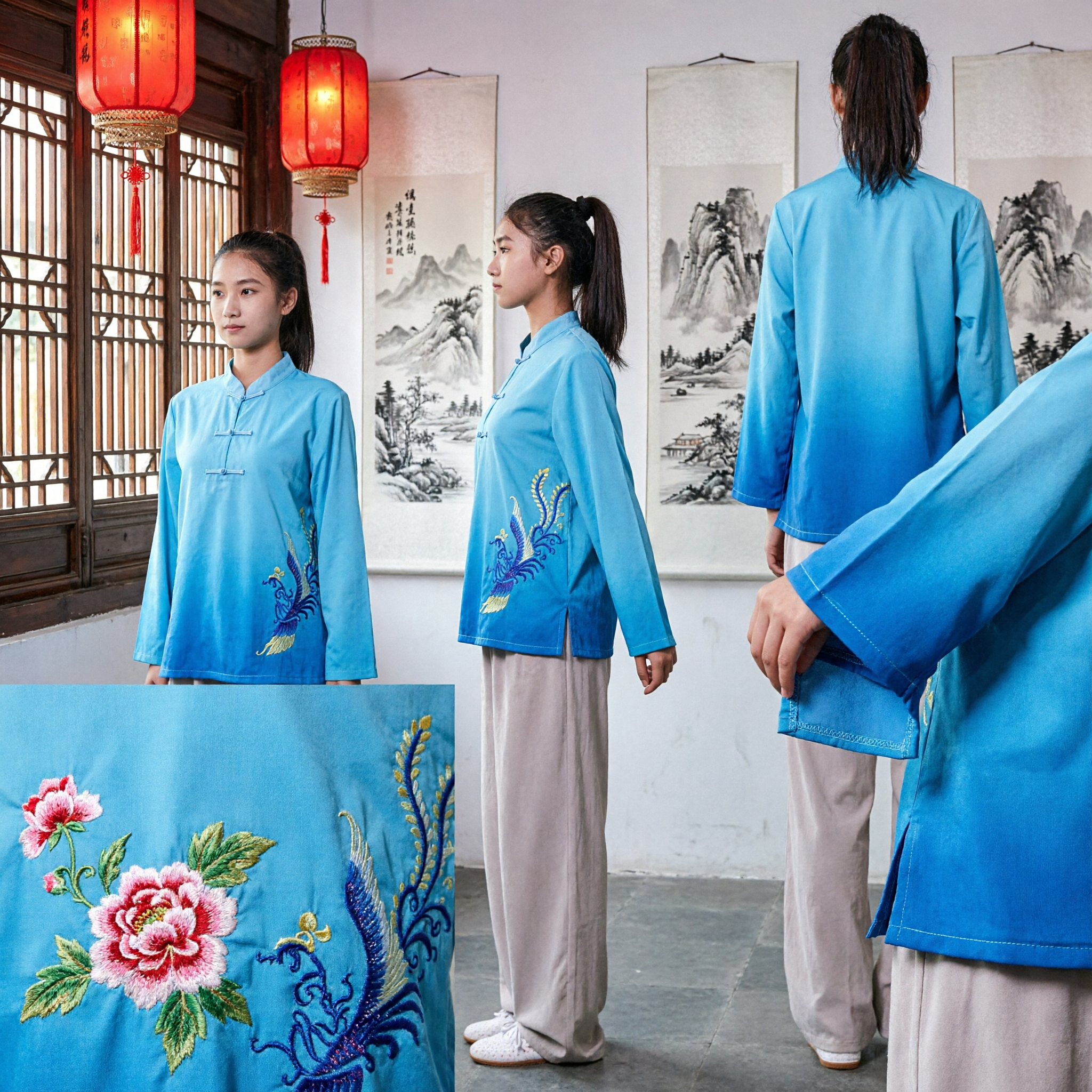 Conjunto de Uniforme de Tai Chi Azul Bordado para Mulheres, Roupa Tradicional de Kung Fu e Artes Marciais para Treino - Asian Costume