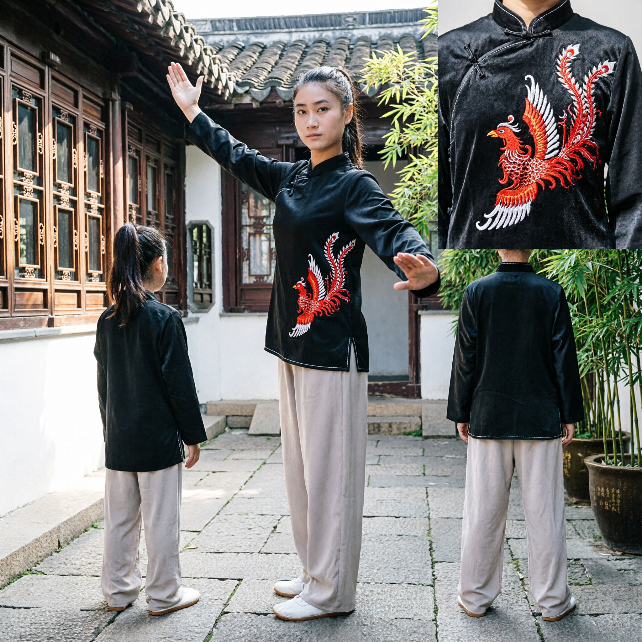 Conjunto de Ropa de Artes Marciales Uniforme de Tai Chi Negro con Bordado de Fénix Rojo para Mujer Tradicional de Kung Fu Wushu - Asian Costume