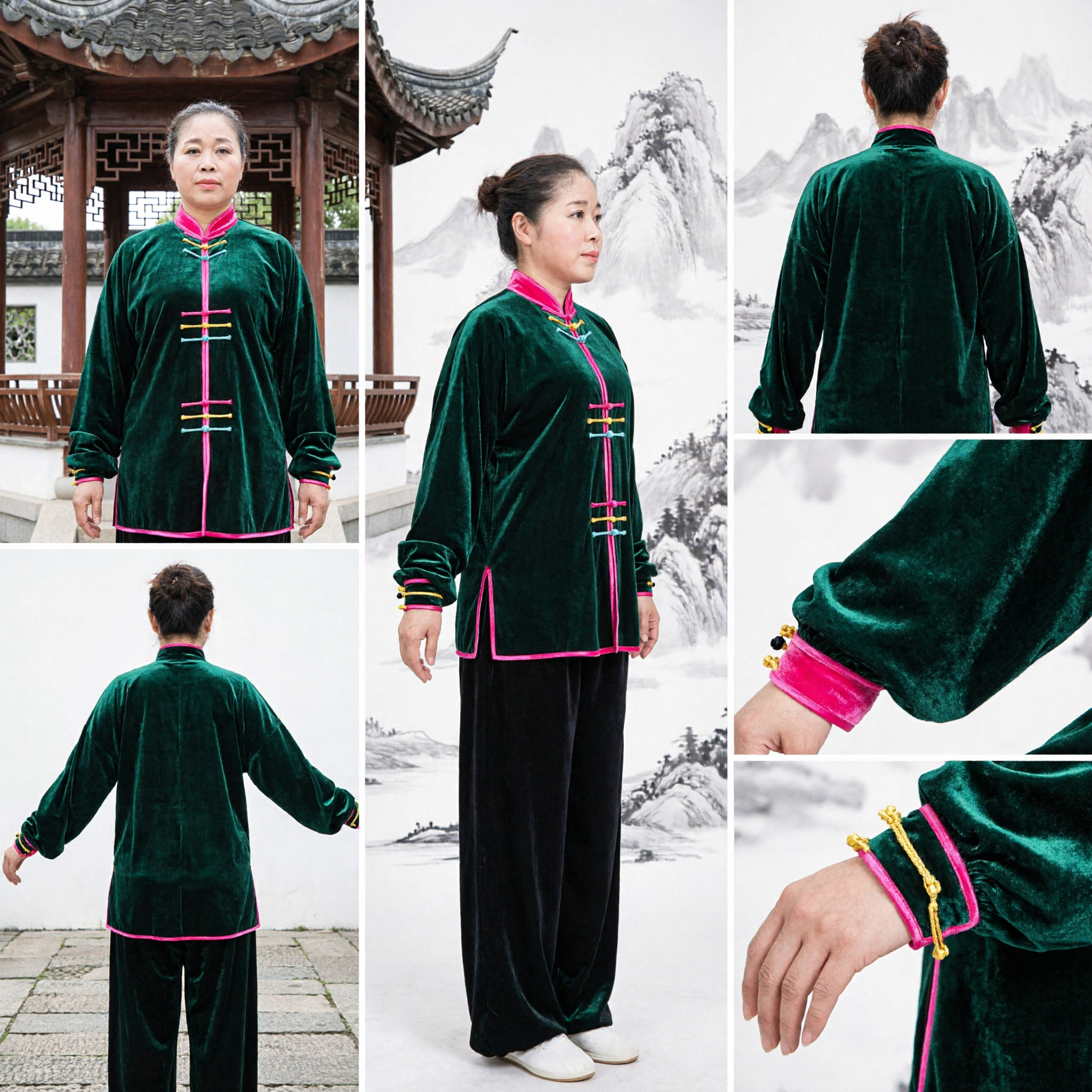 Uniforme Tai Chi en velours vert foncé pour femmes - Tenue traditionnelle chinoise de Kung Fu pour la pratique du Wushu - Asian Costume